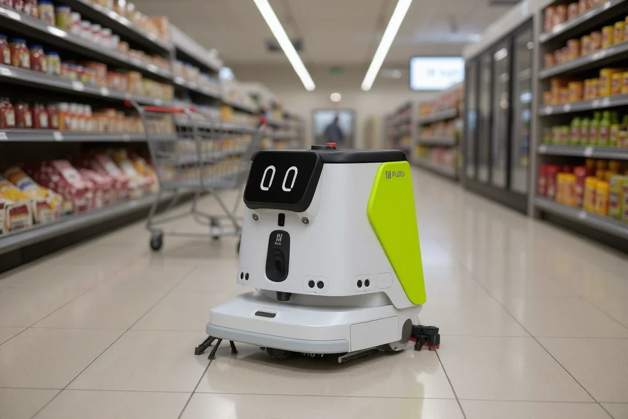 A Pudu CC1 4-in-1 cleaning robot working a grocery store aisle