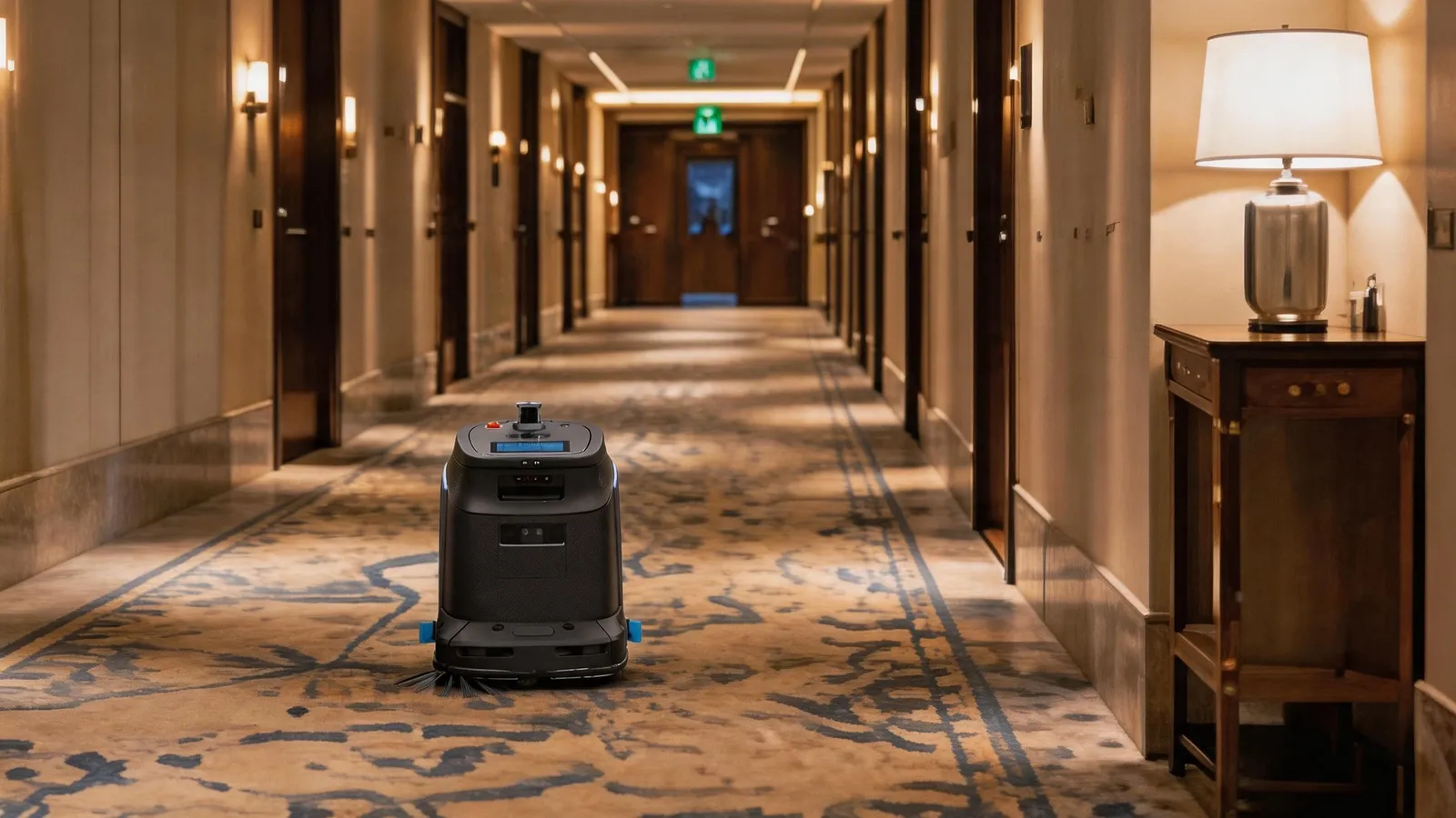 Gausium cleaning robot in hotel corridor