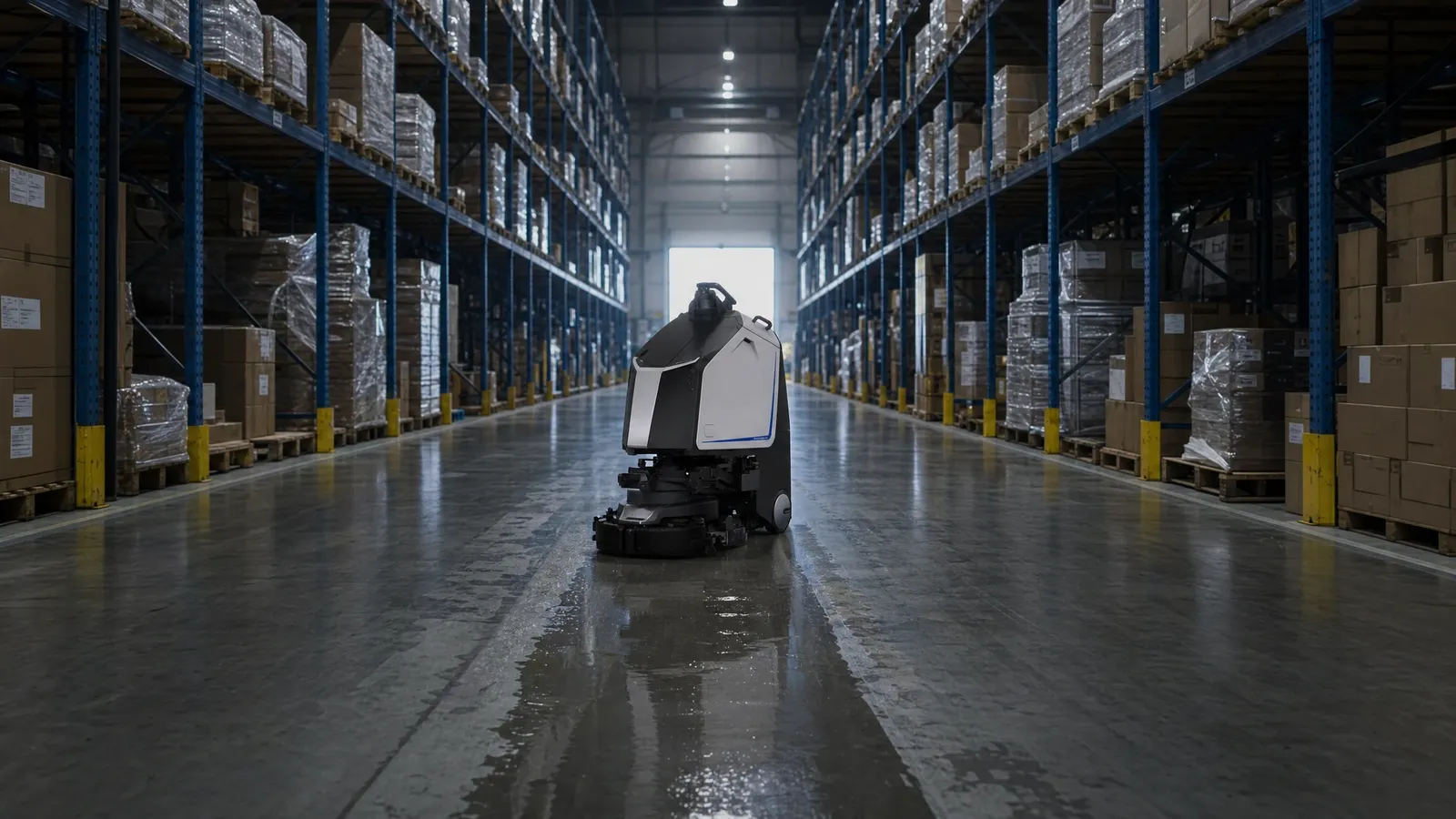 A commercial robot working a warehouse floor