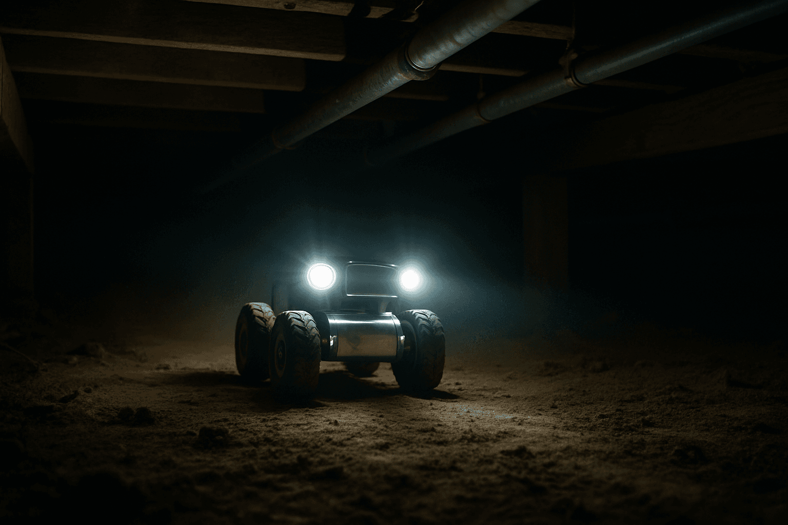 The Crawlspace Inspection Robot driving through a dark residential crawlspace, its lights on the floor joists