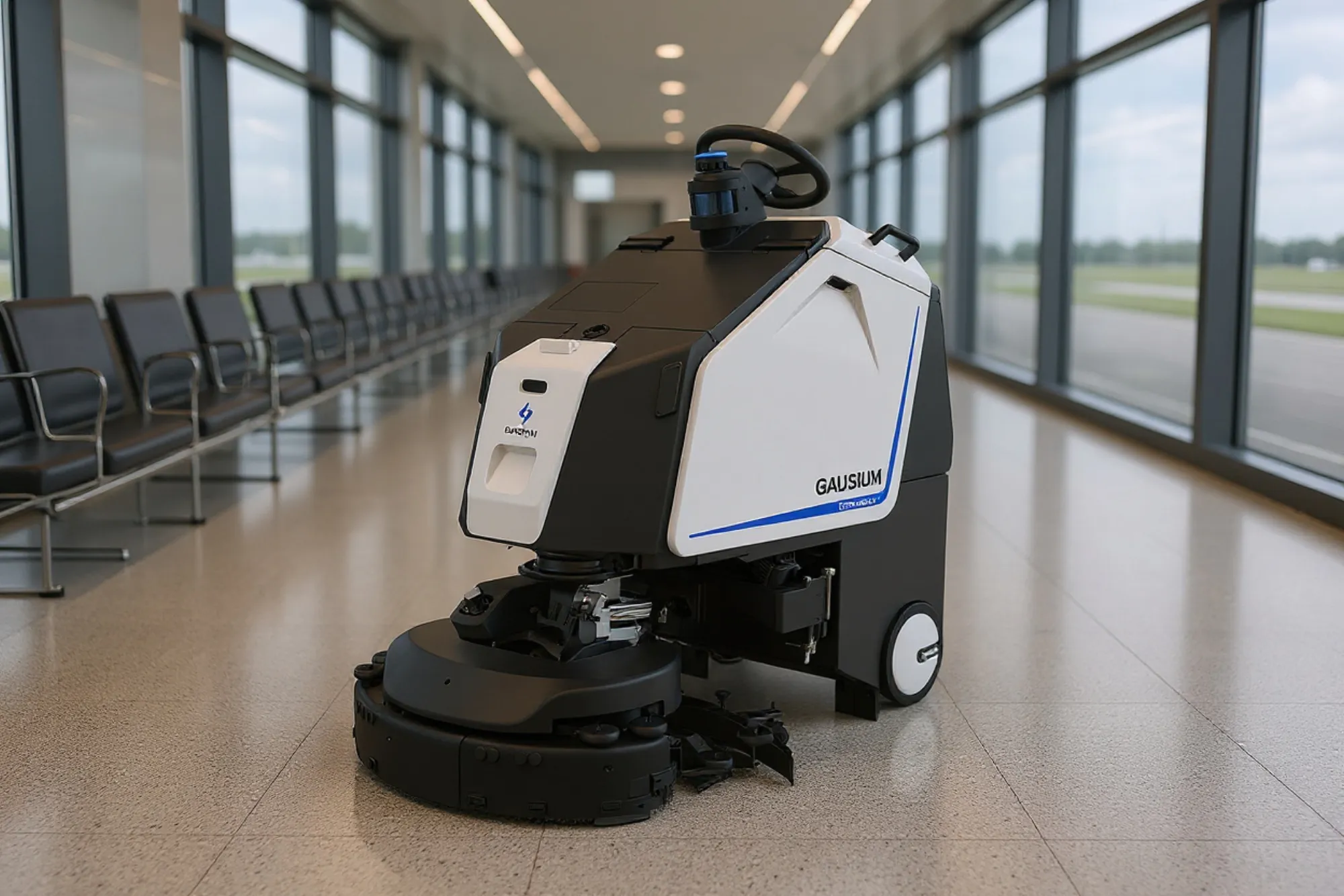 A large-area cleaning robot working an airport concourse
