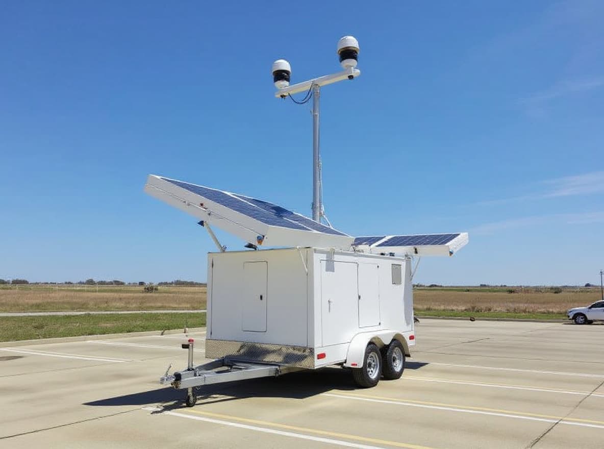 Security trailer mast extended showing full camera coverage height