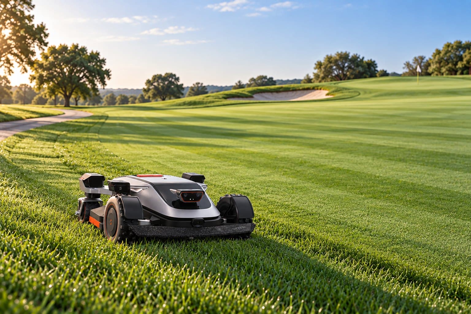 A compact autonomous mower cutting the rough beside a fairway