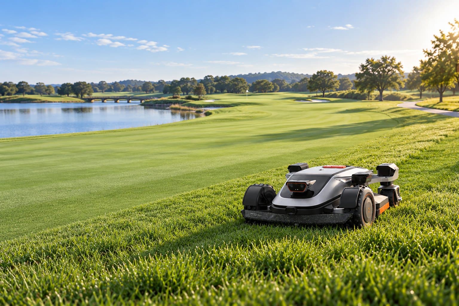 A compact autonomous mower in the rough beside a lake