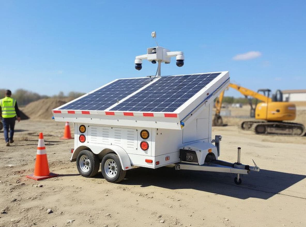 A mobile security camera trailer on a construction site