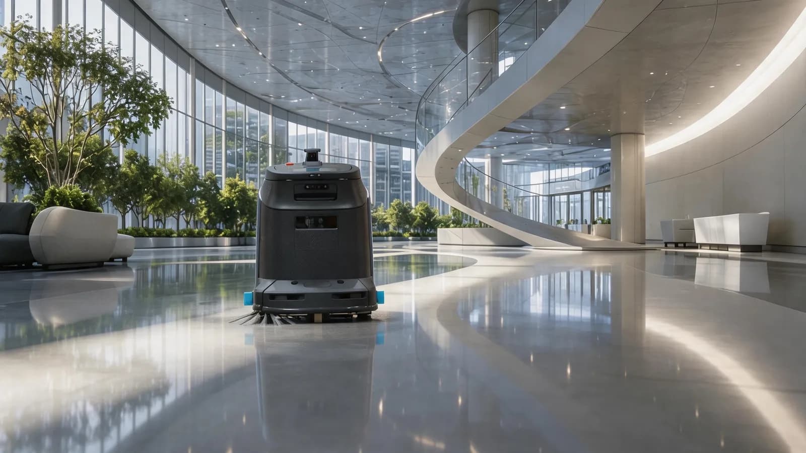 A Gausium Scrubber cleaning a building lobby