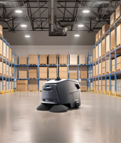 A Gausium Scrubber 75 large-area scrubber cleaning a warehouse floor