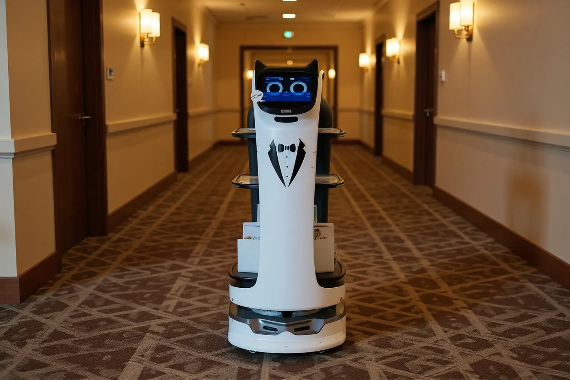 A delivery robot on a hotel guest floor