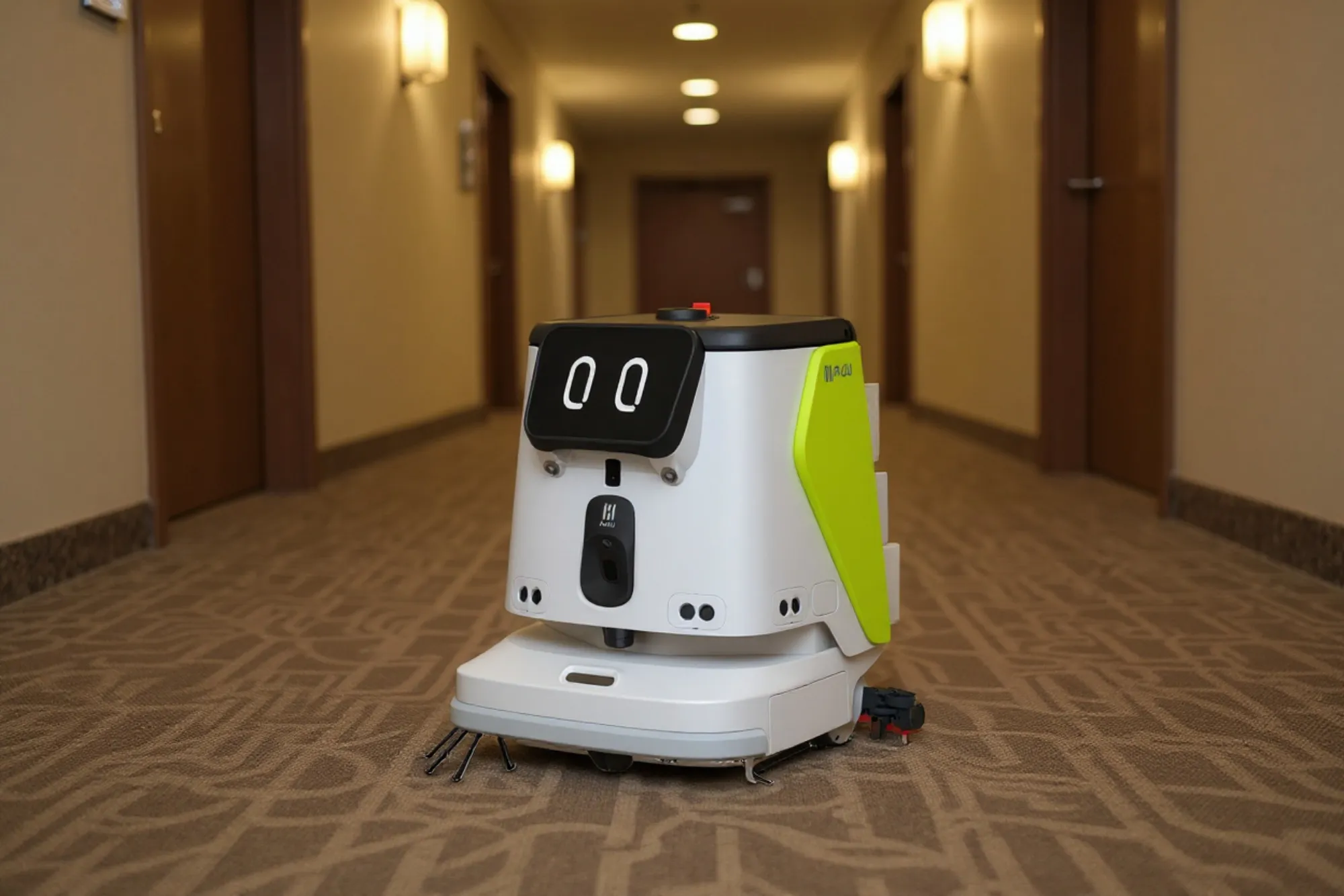 A compact cleaning robot working a hotel corridor