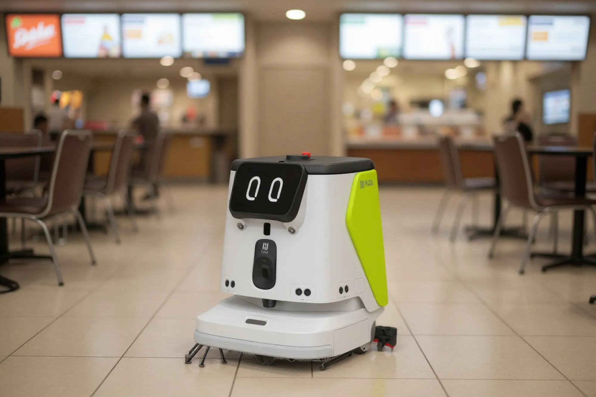 A compact cleaning robot near storefronts