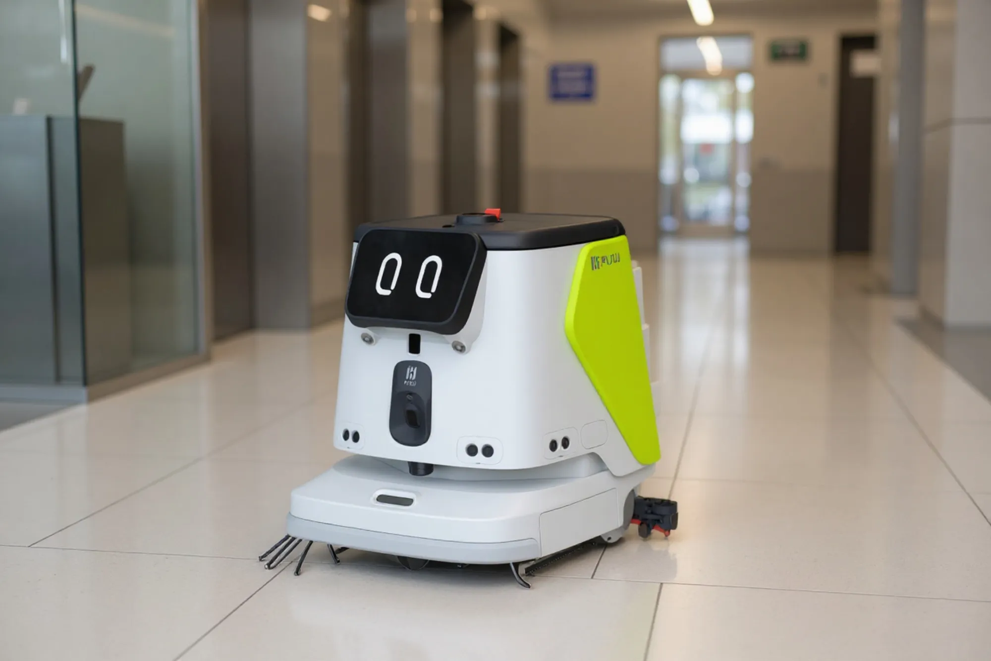 A compact cleaning robot working an office lobby