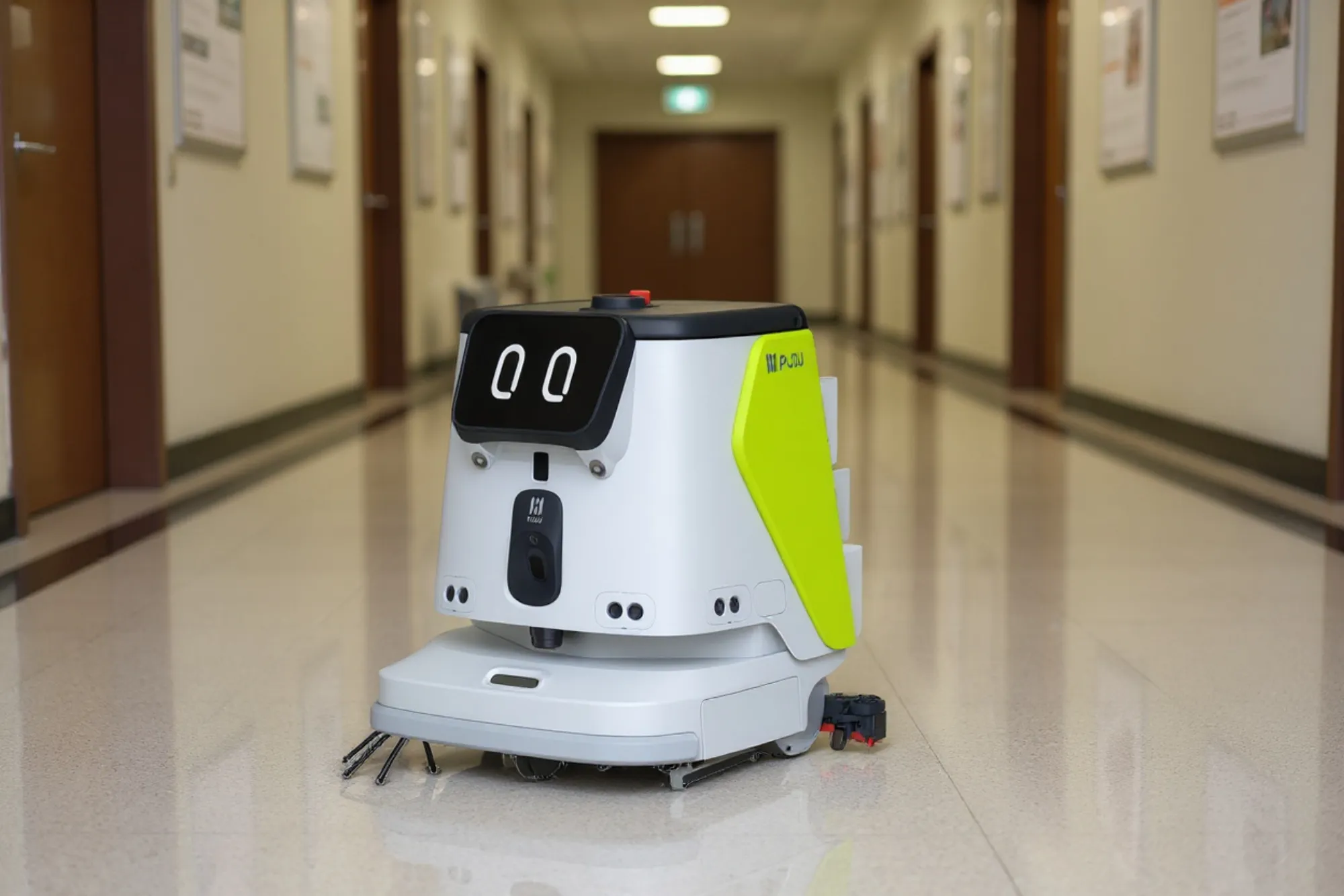 A compact cleaning robot in a school corridor