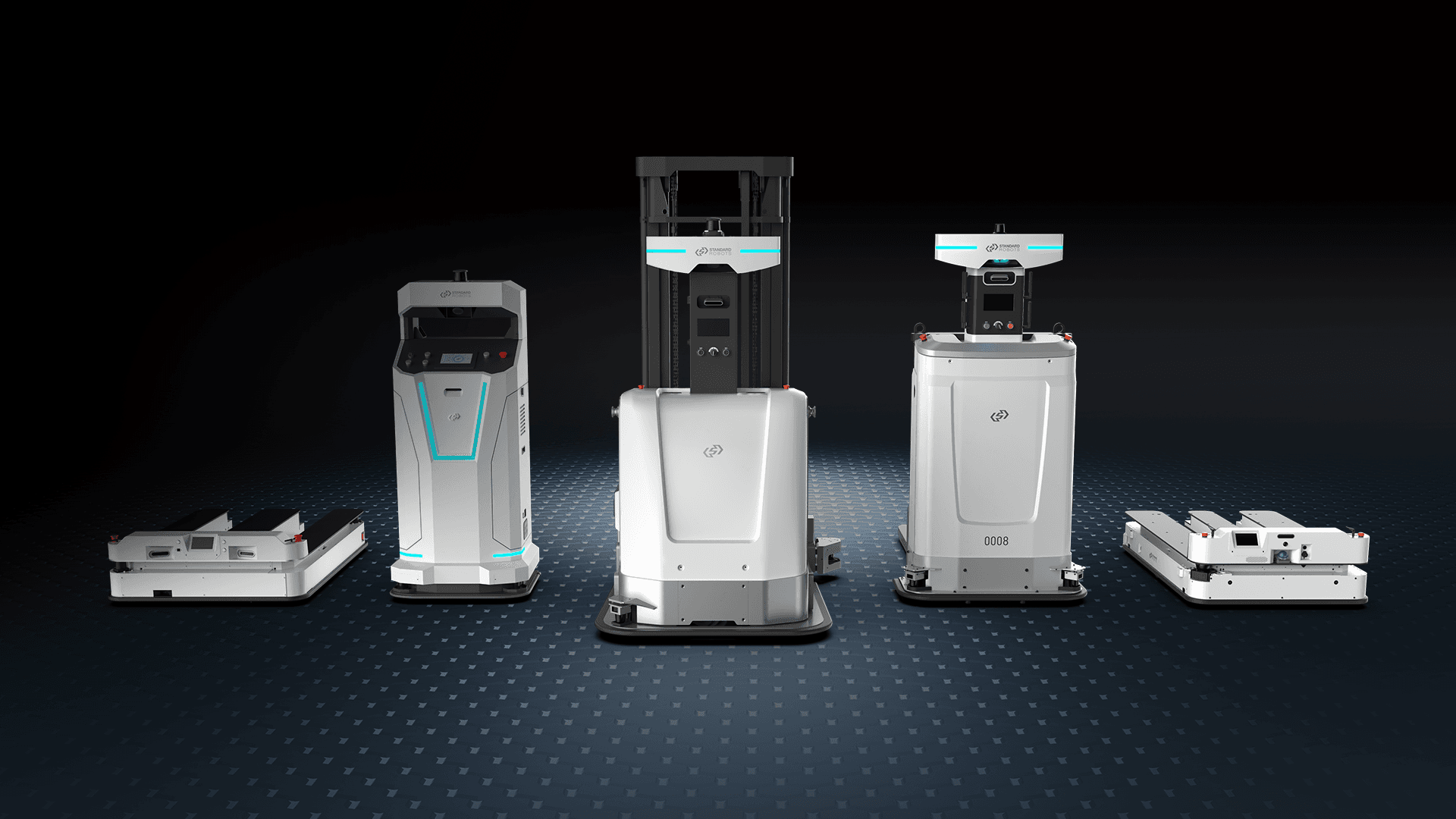 An autonomous forklift in a warehouse aisle