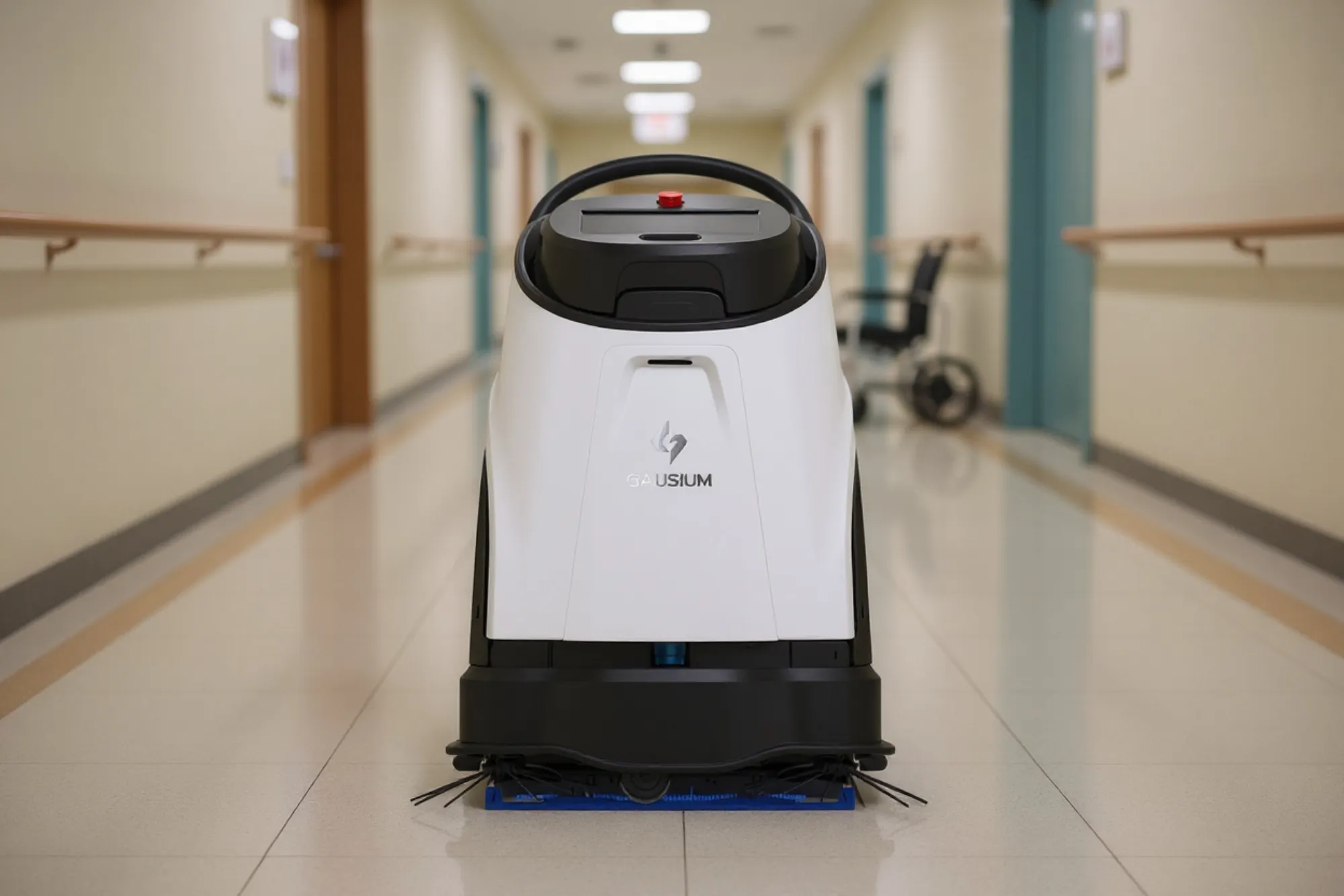 An autonomous floor scrubber working a hospital corridor