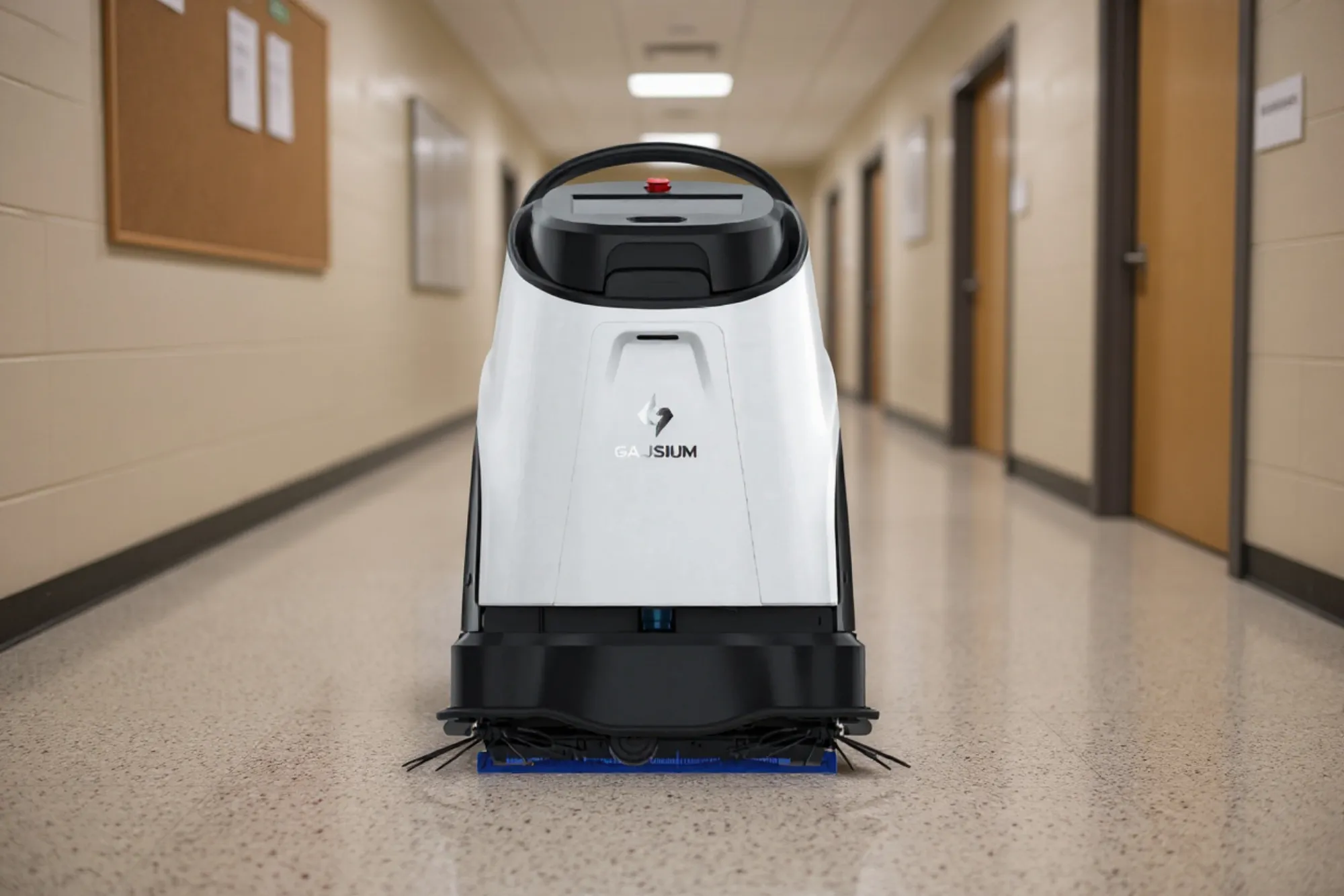A floor scrubber working a school hallway