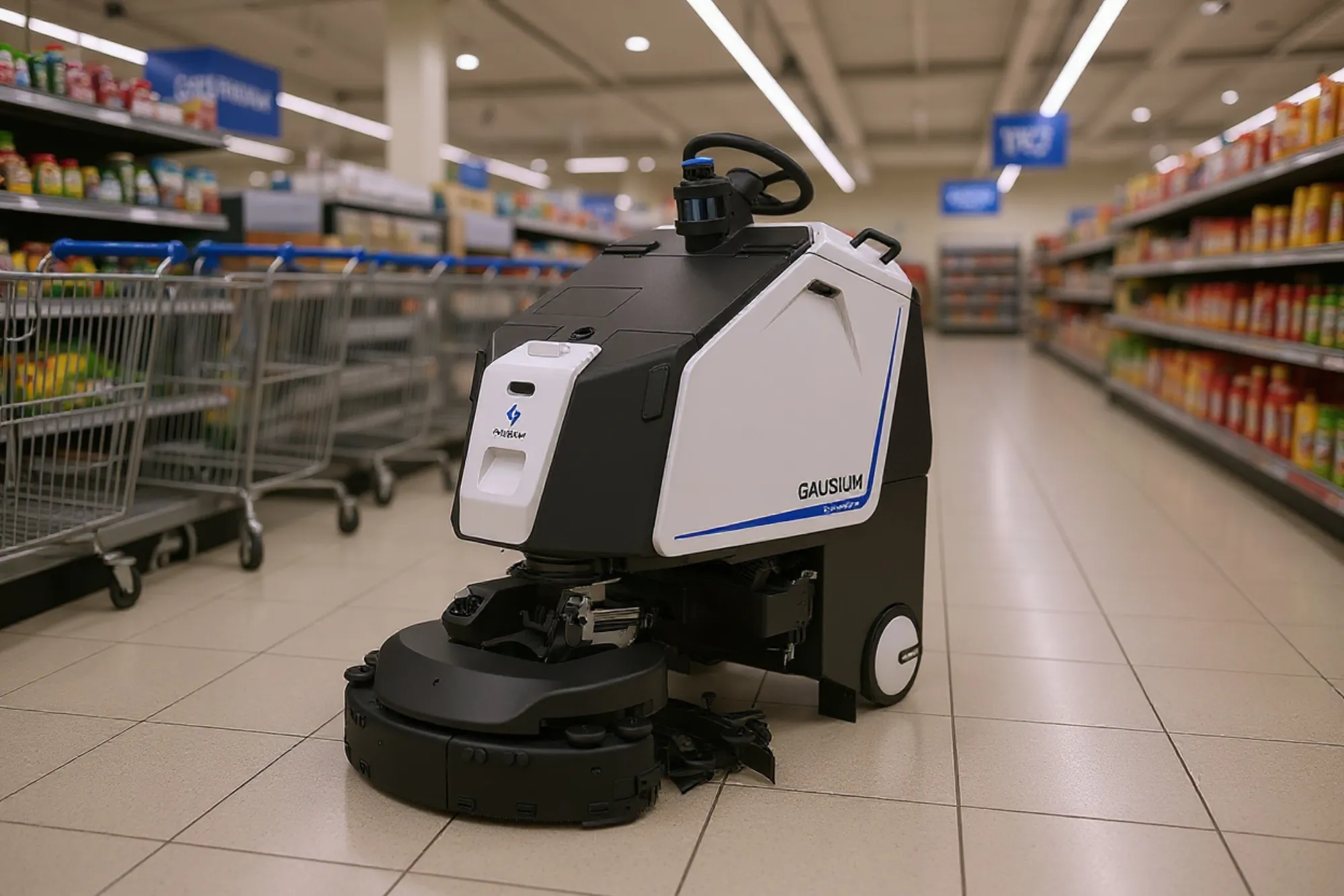 A cleaning robot working a straight grocery aisle