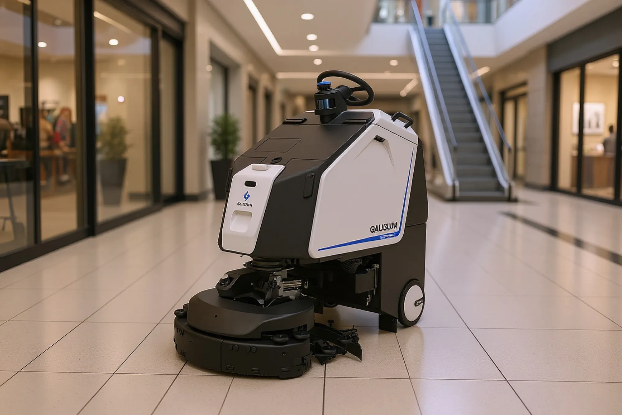 A large-area cleaning robot working a retail corridor