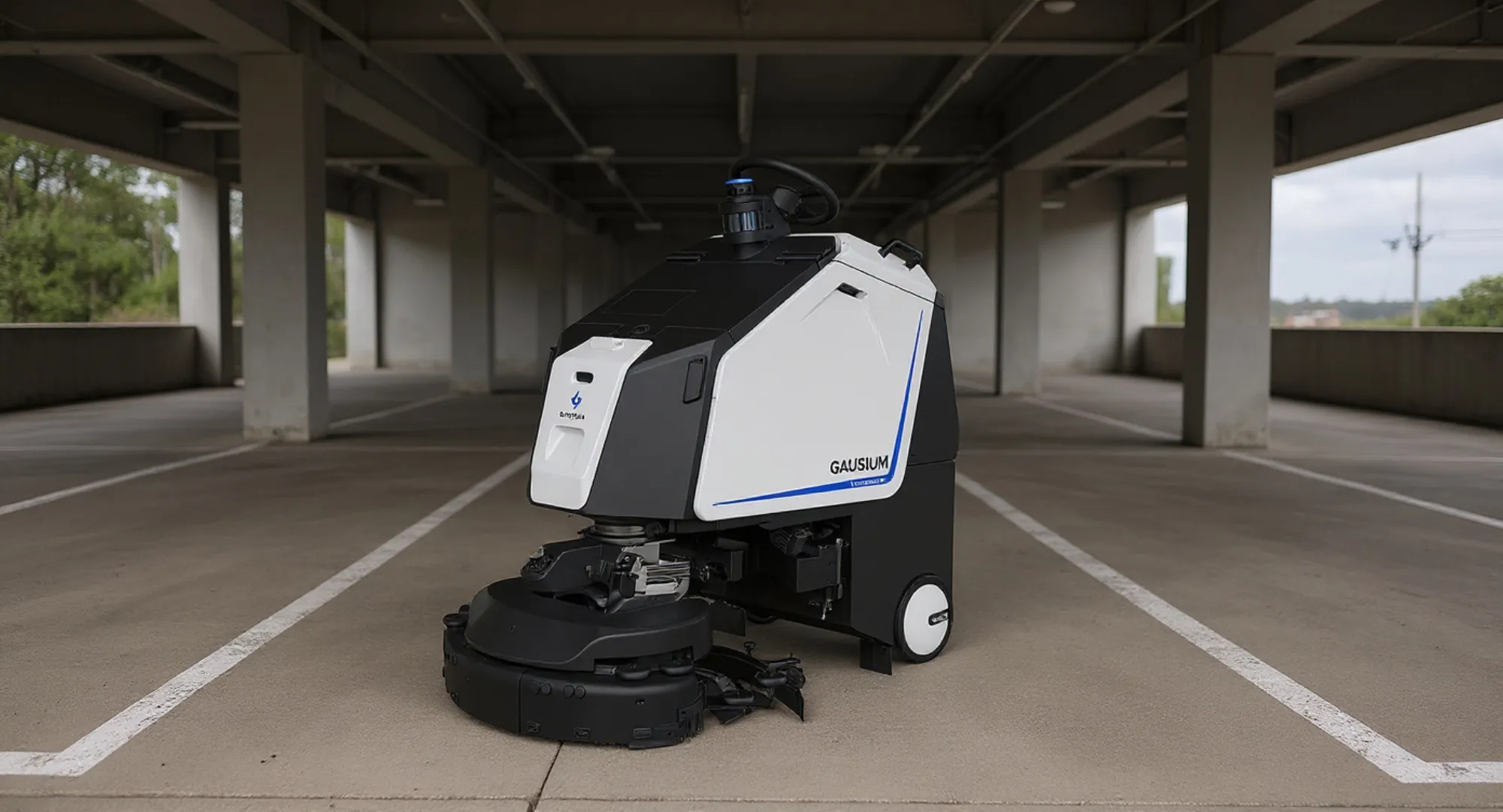 A cleaning robot working a parking structure