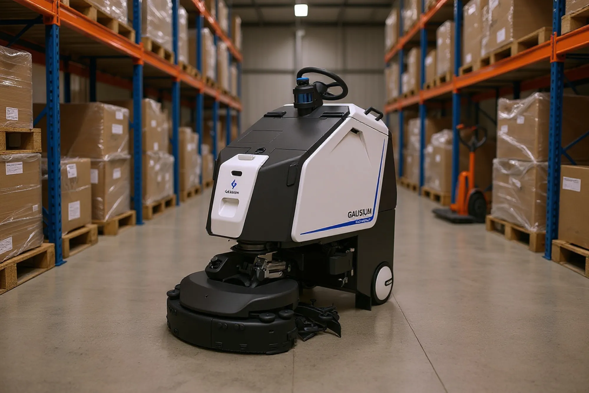A large-area scrubber covering a warehouse aisle