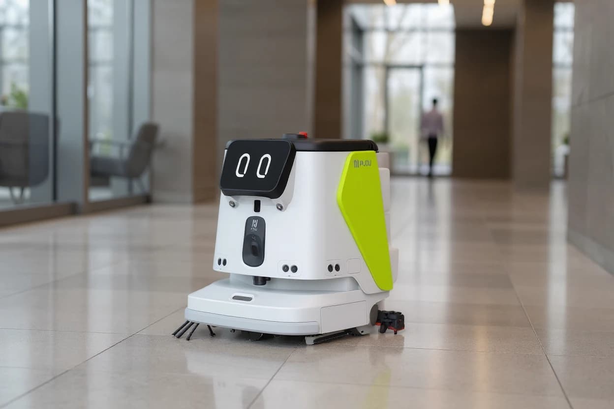 A Pudu CC1 commercial cleaning robot working an office floor