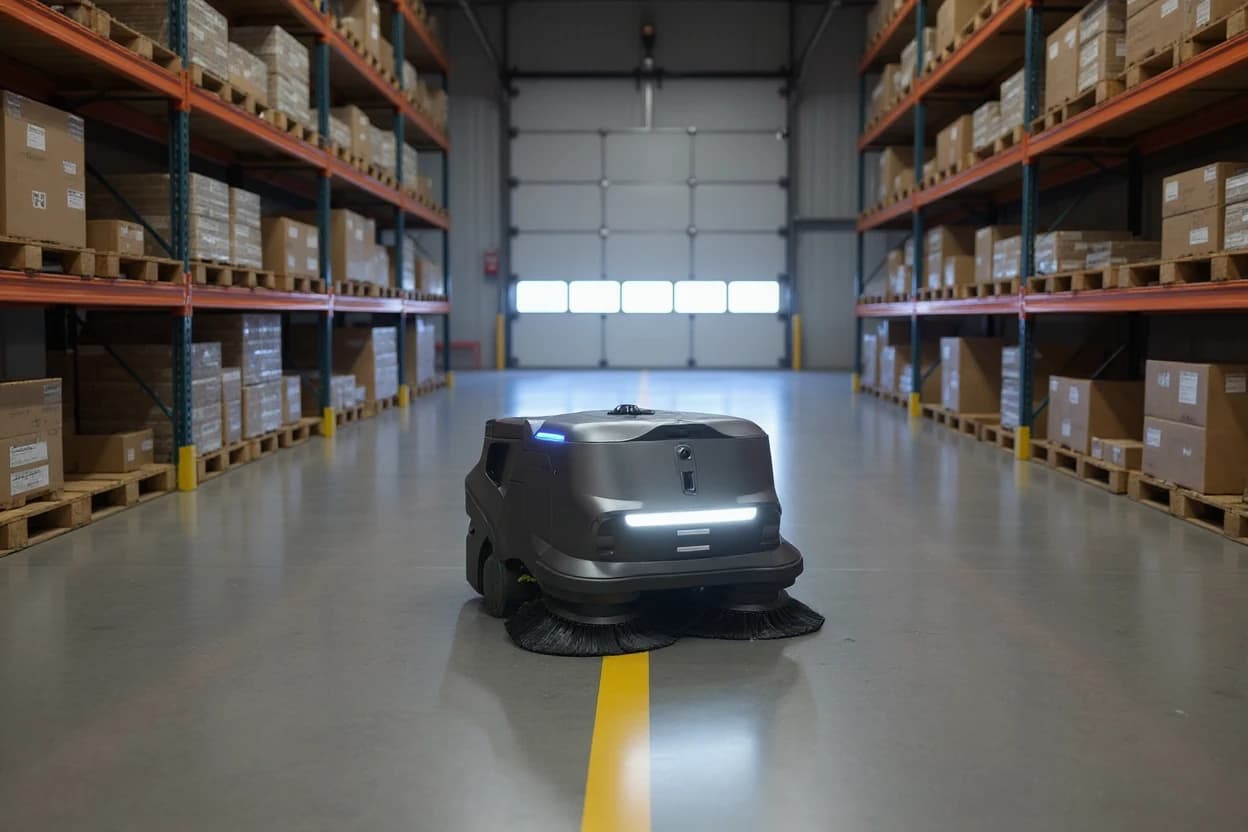 A Pudu MT1 large-area sweeper robot on a warehouse floor