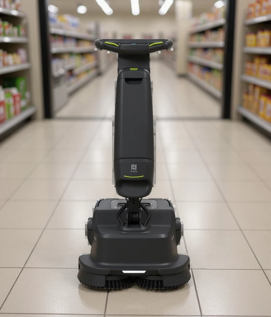 A Pudu SH1 scrubber-washer robot cleaning a grocery floor