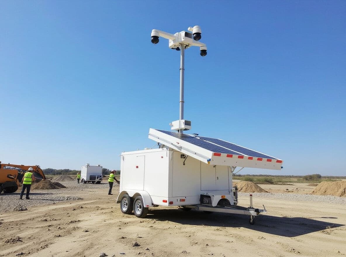 Mobile security camera trailer with 30-ft telescoping mast deployed on a job site