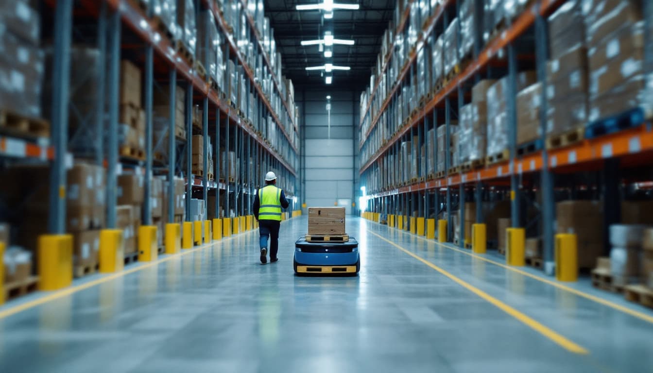 An autonomous mobile robot carrying totes down a warehouse aisle
