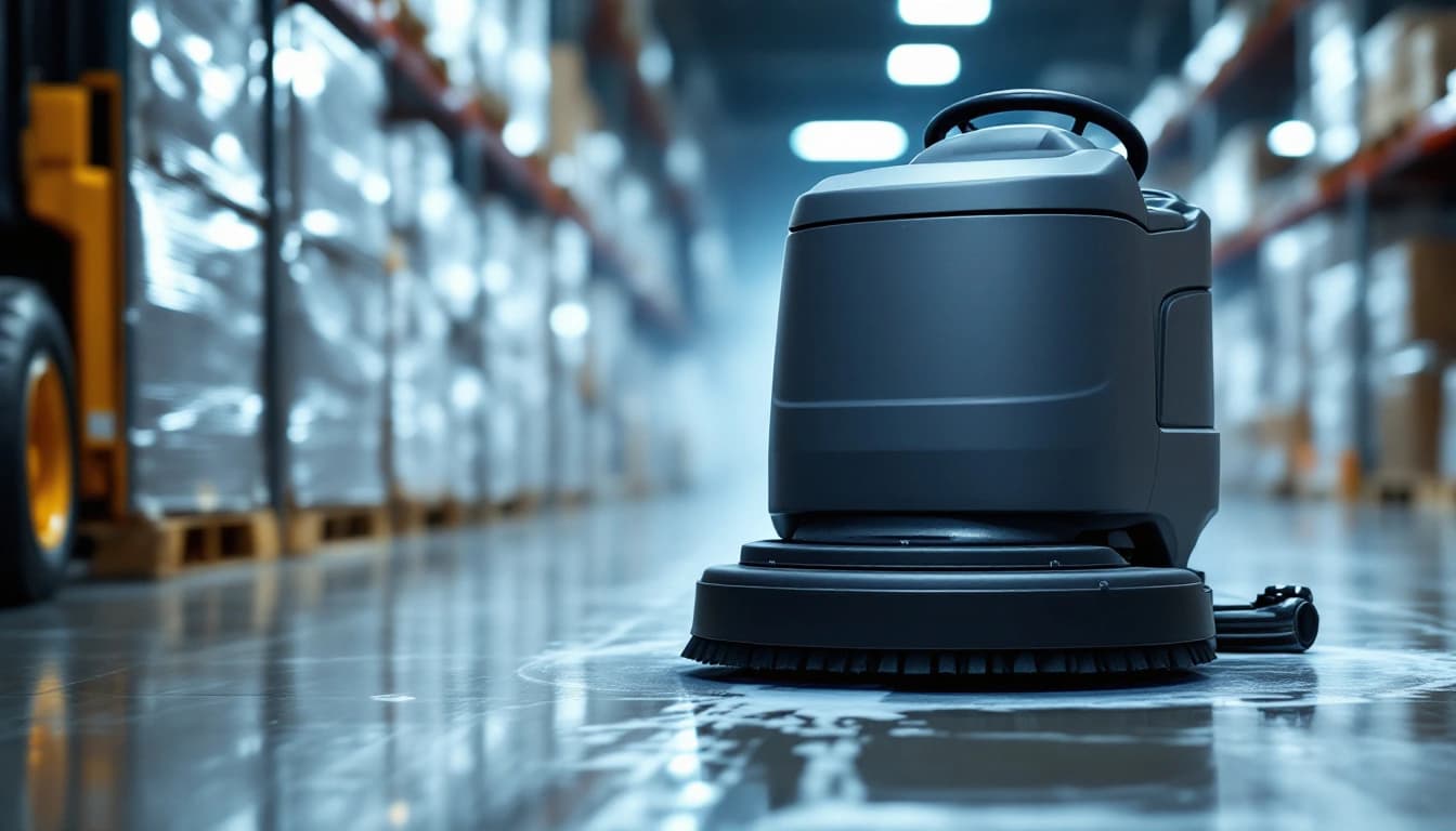 A commercial floor-scrubbing robot running a warehouse aisle at night