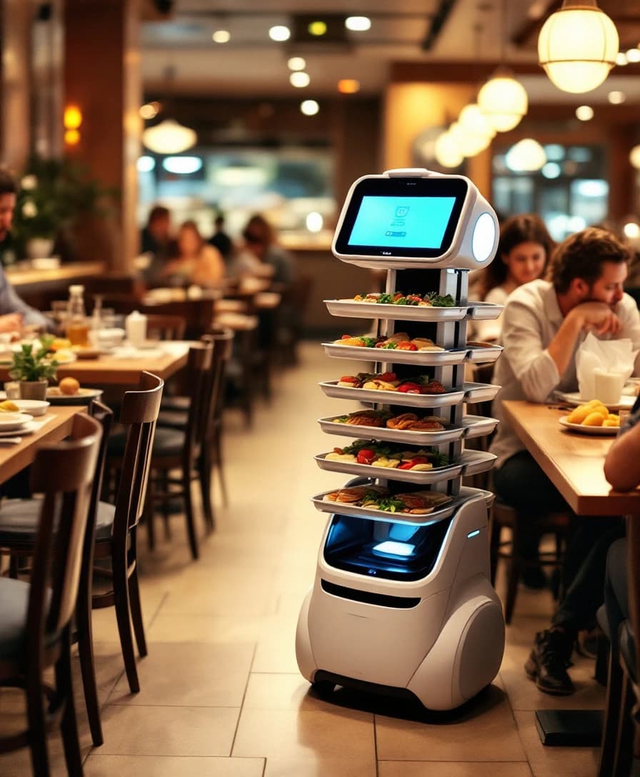 A delivery robot carrying trays floor to floor