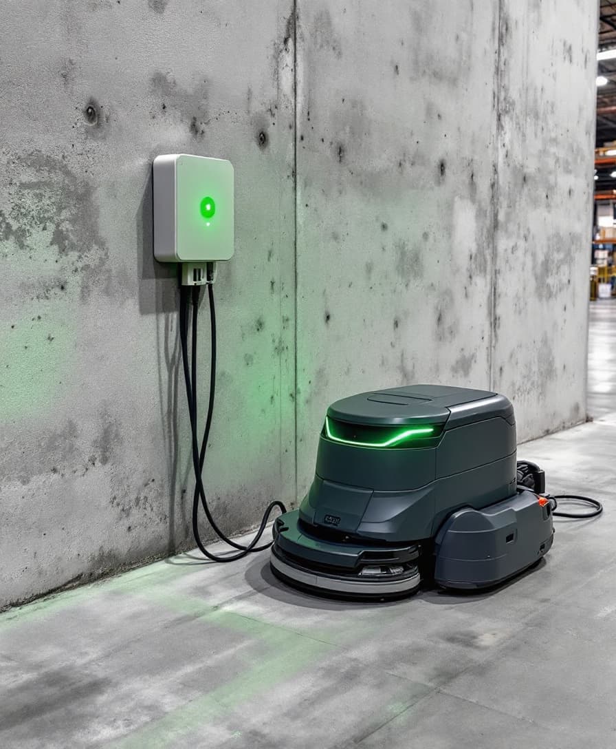 A cleaning robot parked at its charging dock in a warehouse