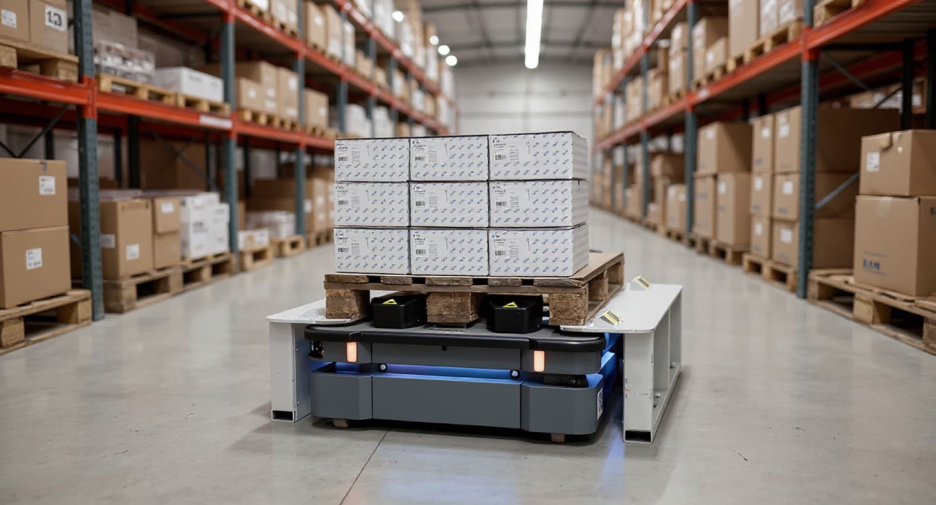 An autonomous mobile robot moving materials in a manufacturing facility
