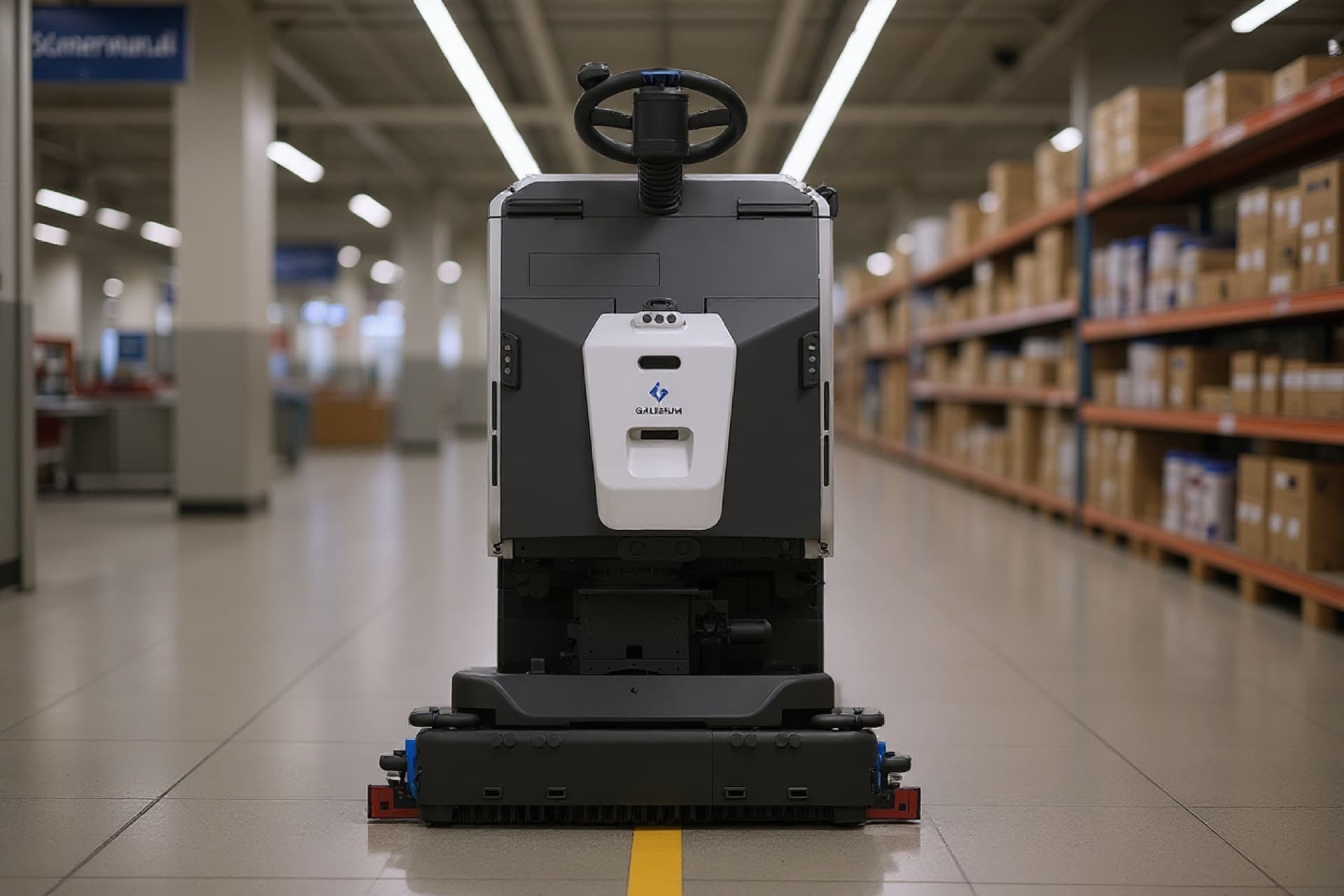 A Gausium Scrubber 75 commercial cleaning robot working a large floor