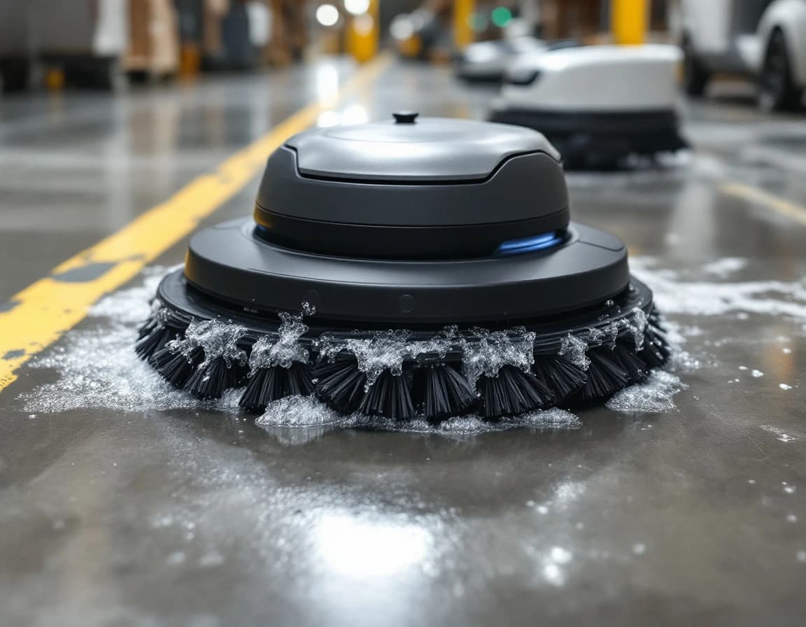 The scrub deck of a commercial cleaning robot working a warehouse floor