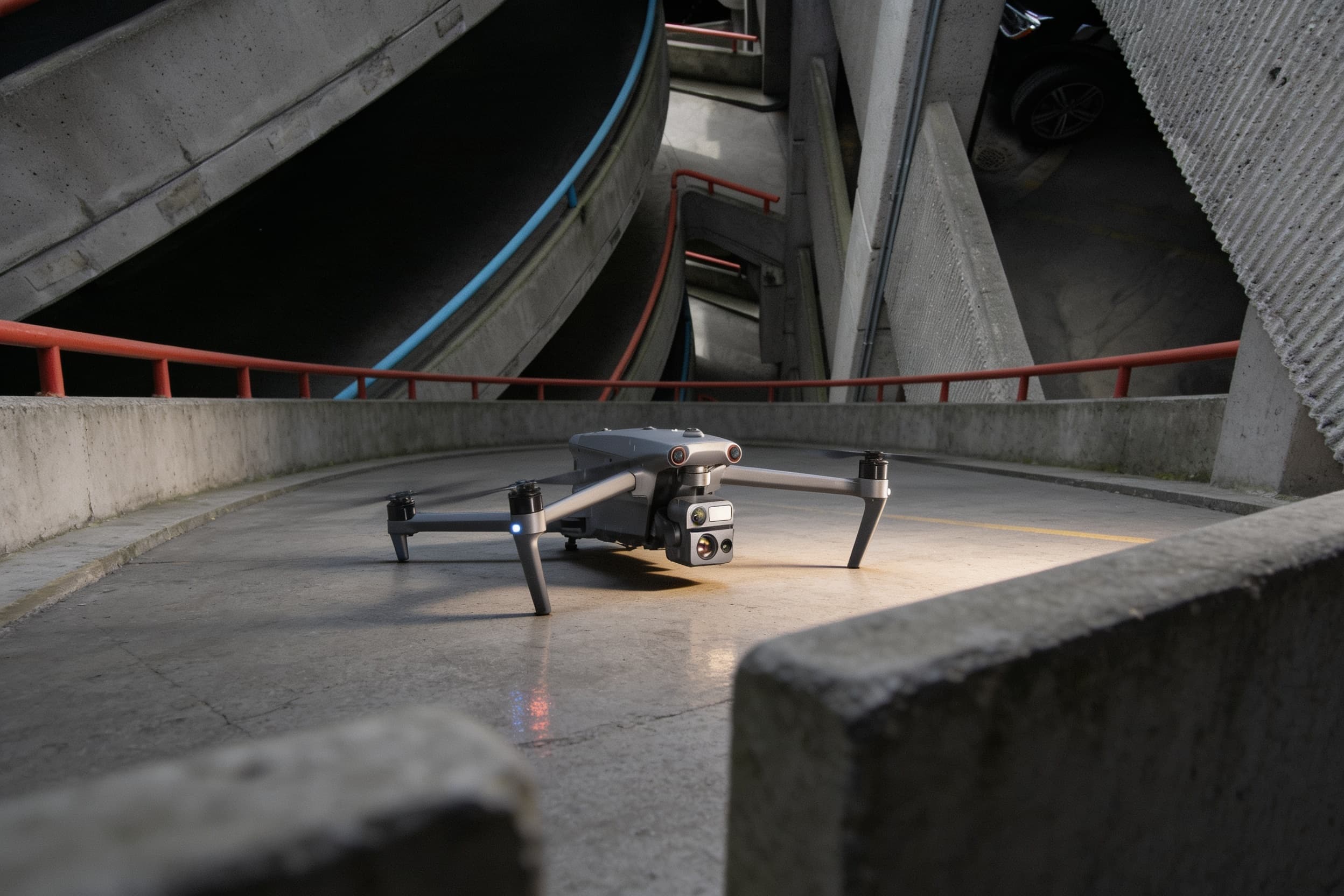 An inspection drone landed on a parking-structure top deck at sunrise