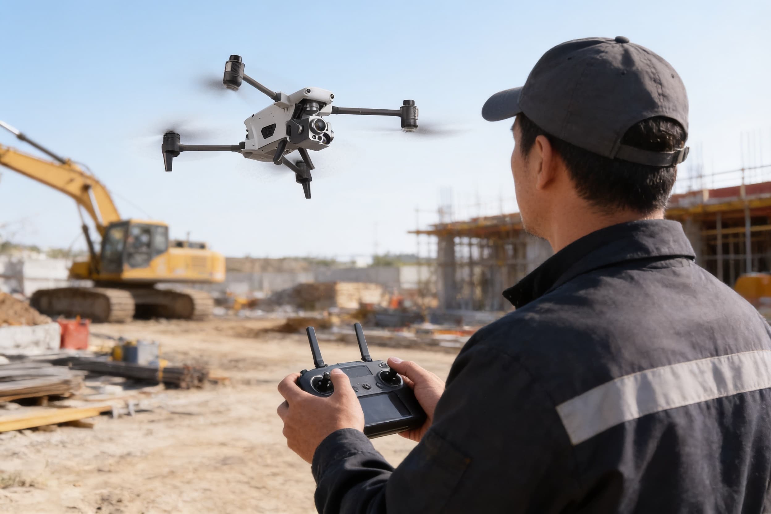 An autonomous drone hovering over a work site