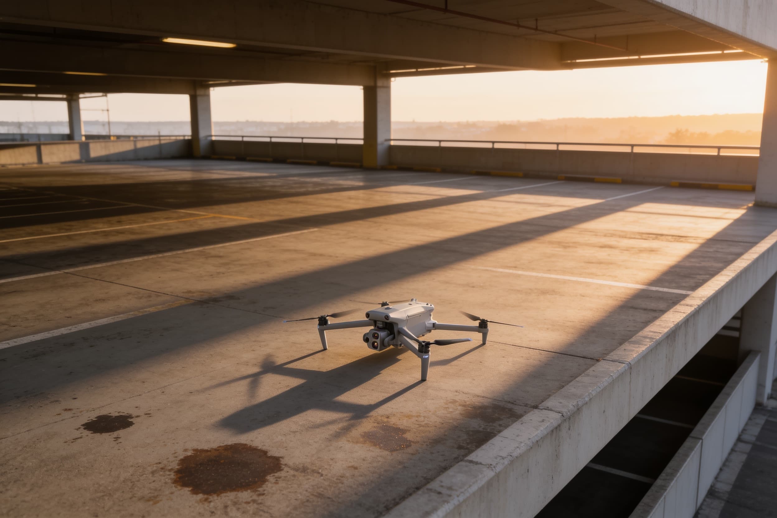 Inspection drone landed on a garage top deck at sunrise