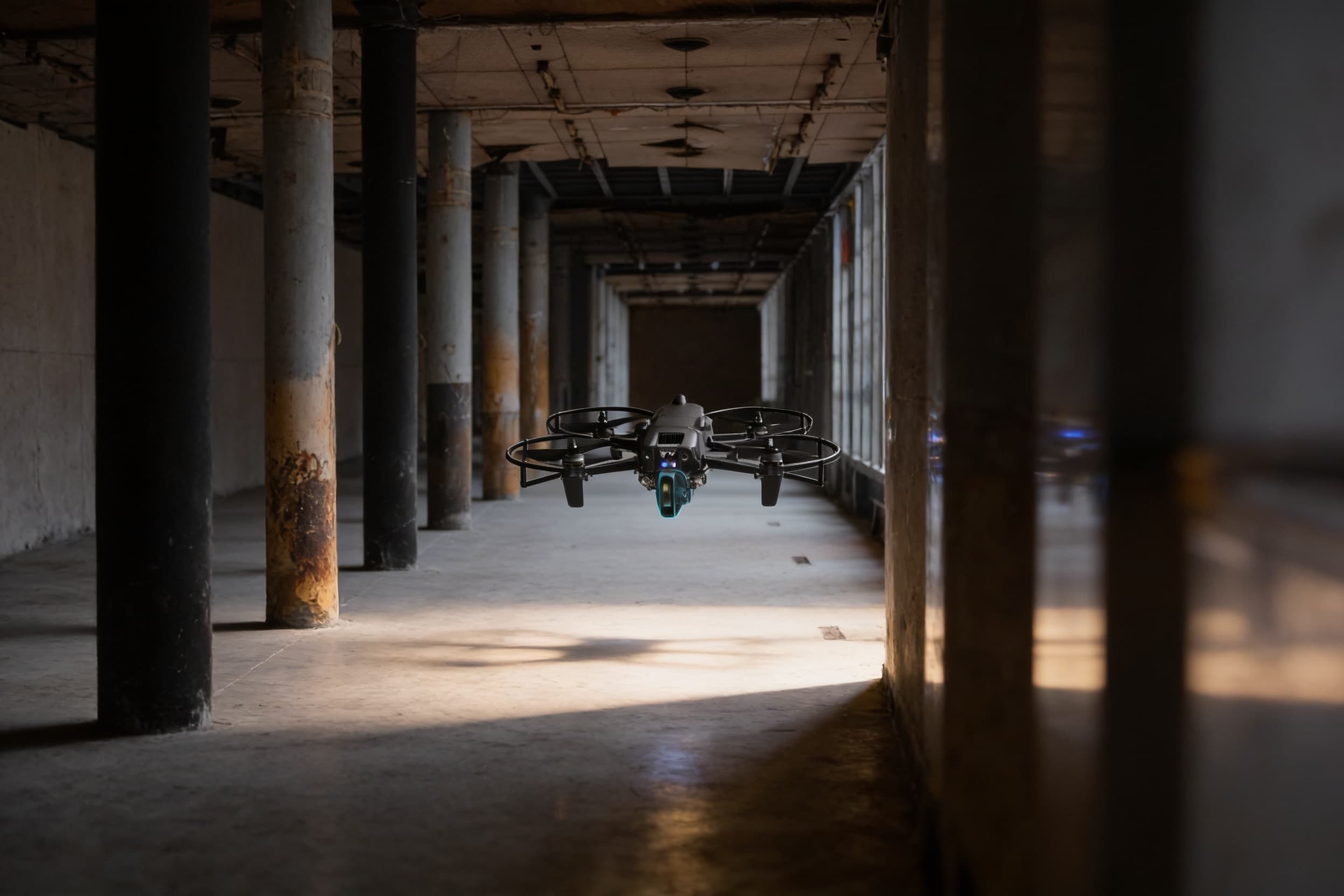 An indoor patrol drone moving down a dim corridor