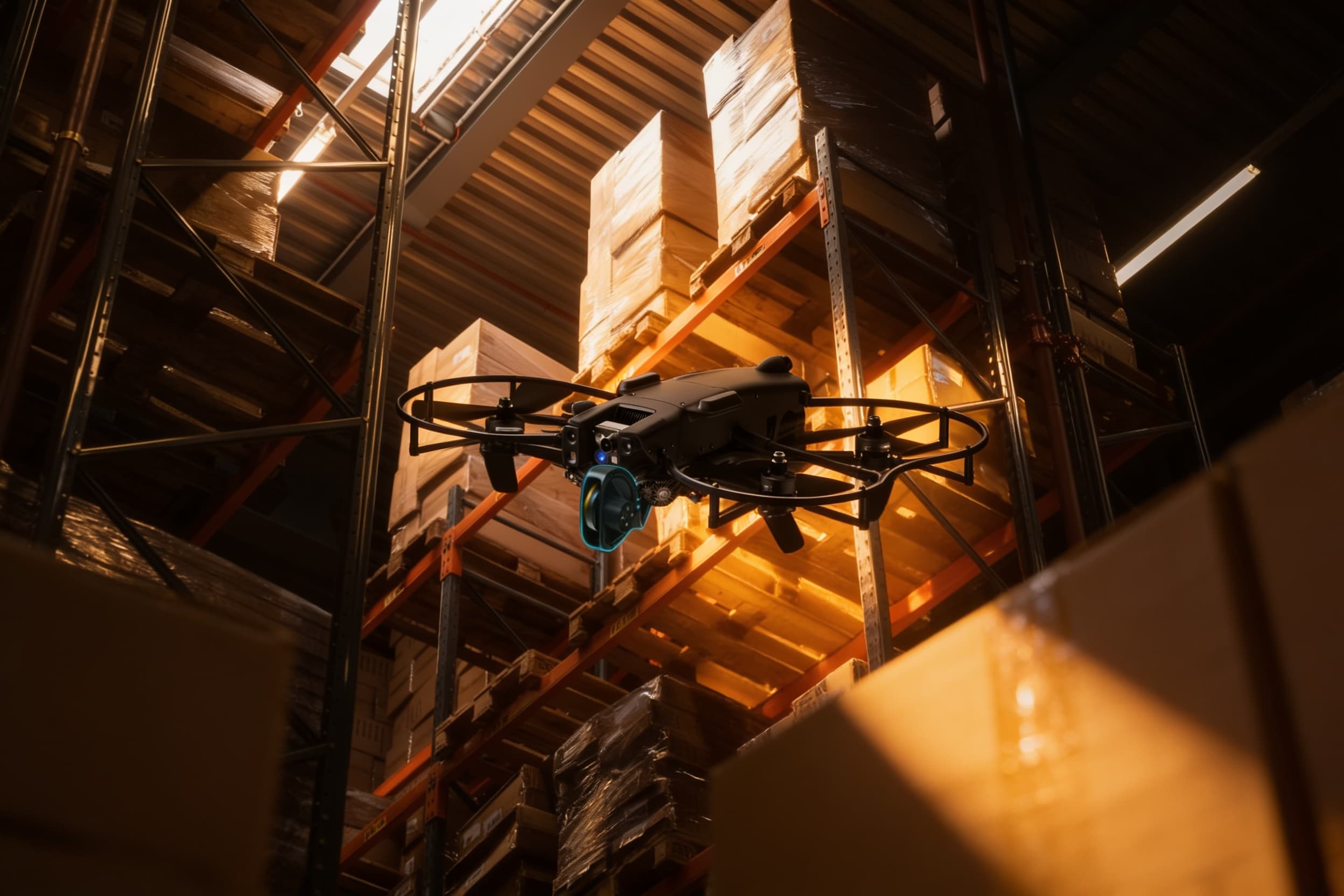 Indoor tactical drone sweeping dark warehouse racks
