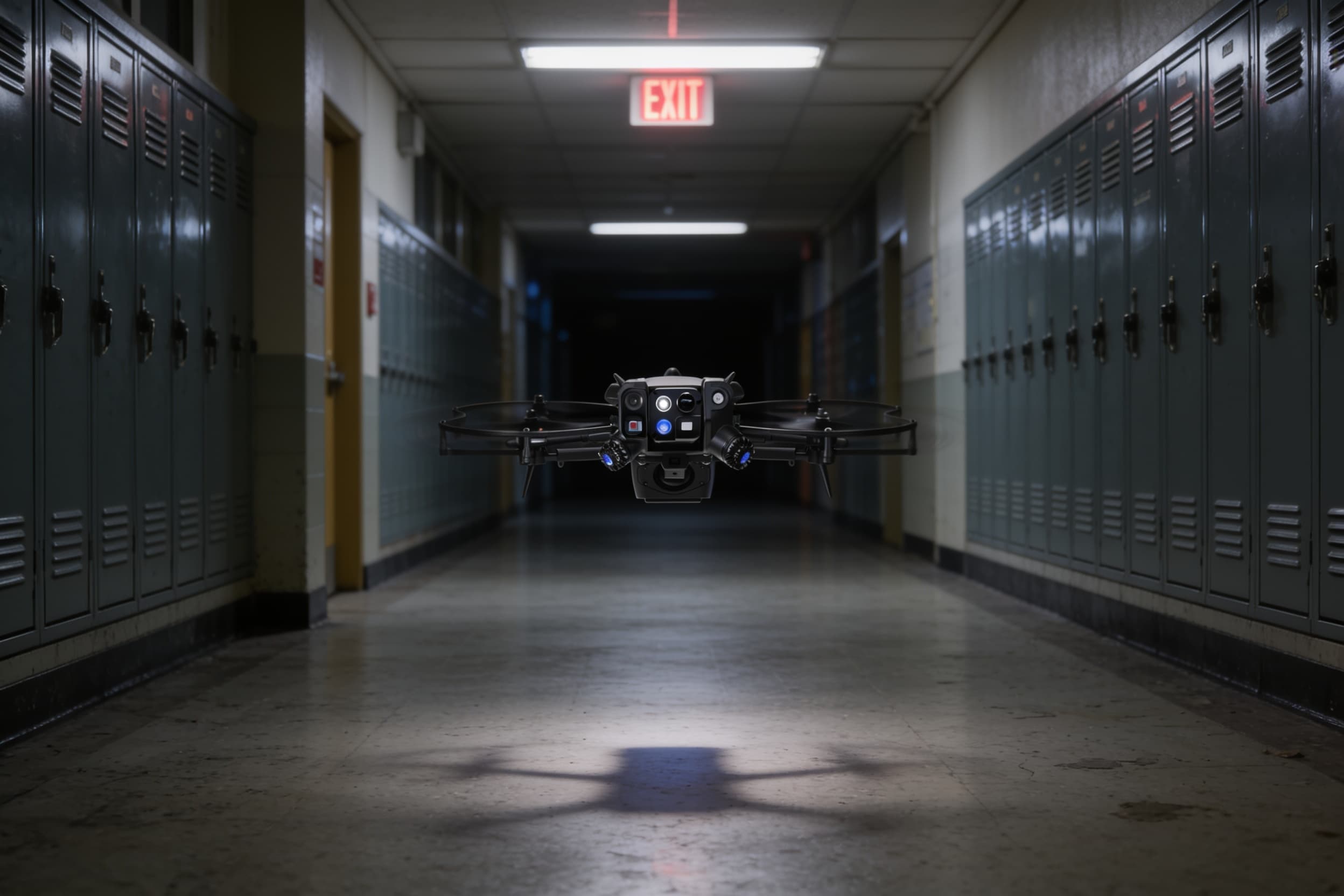 Indoor tactical drone in a school corridor during a night drill