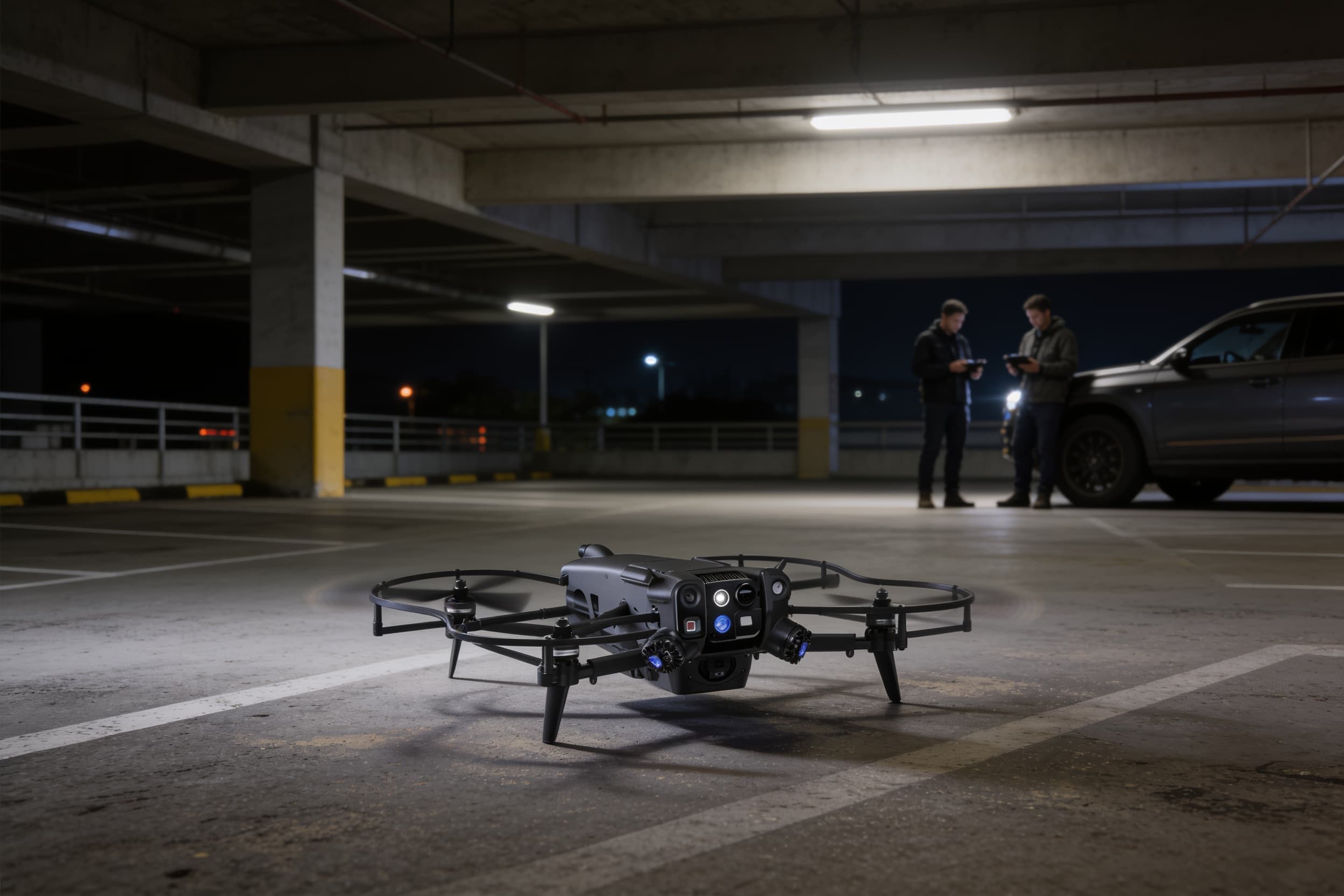 Indoor drone clearing a parking level at night