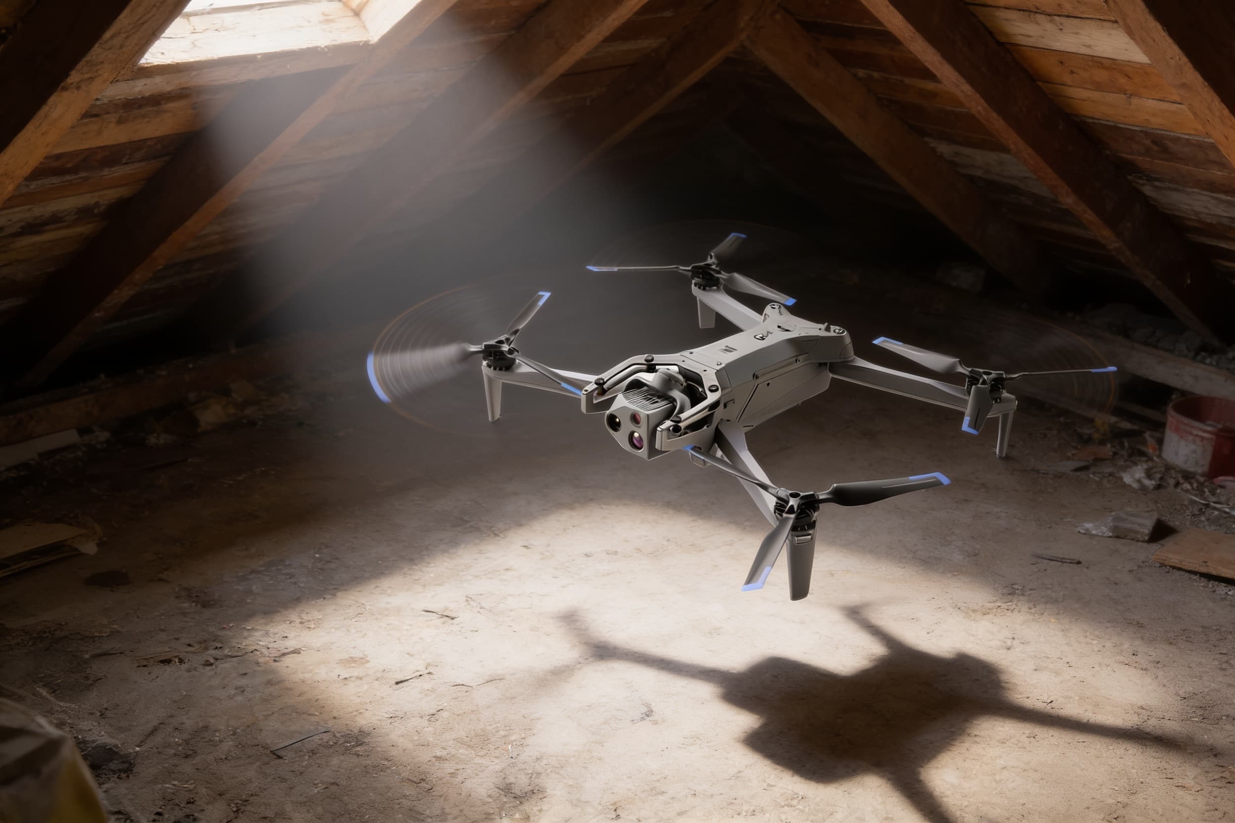 Caged indoor drone probing an attic crawlspace