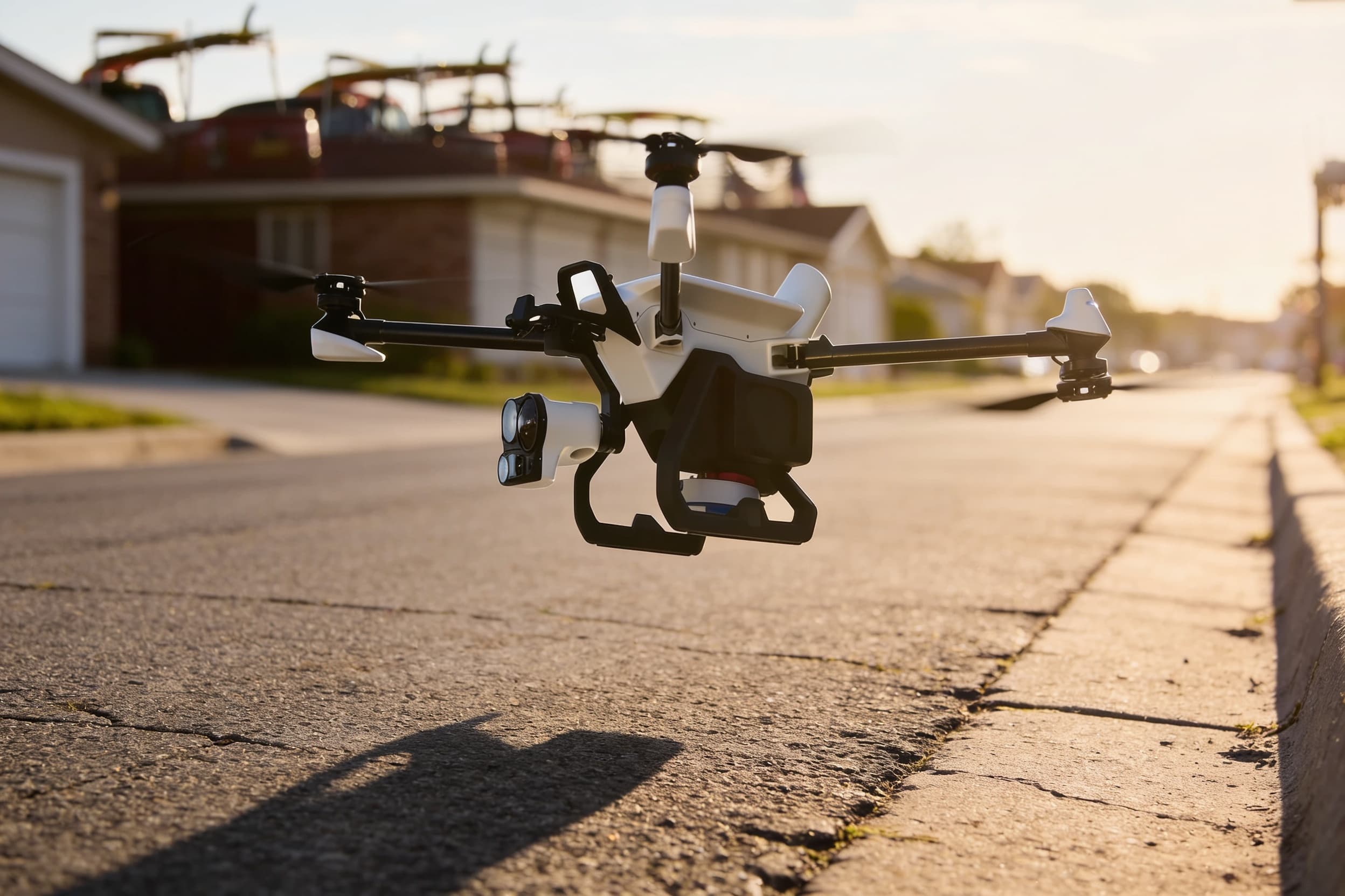 Brinc Responder service robot — cruising above a suburban street at golden hour, rooftops receding in true light