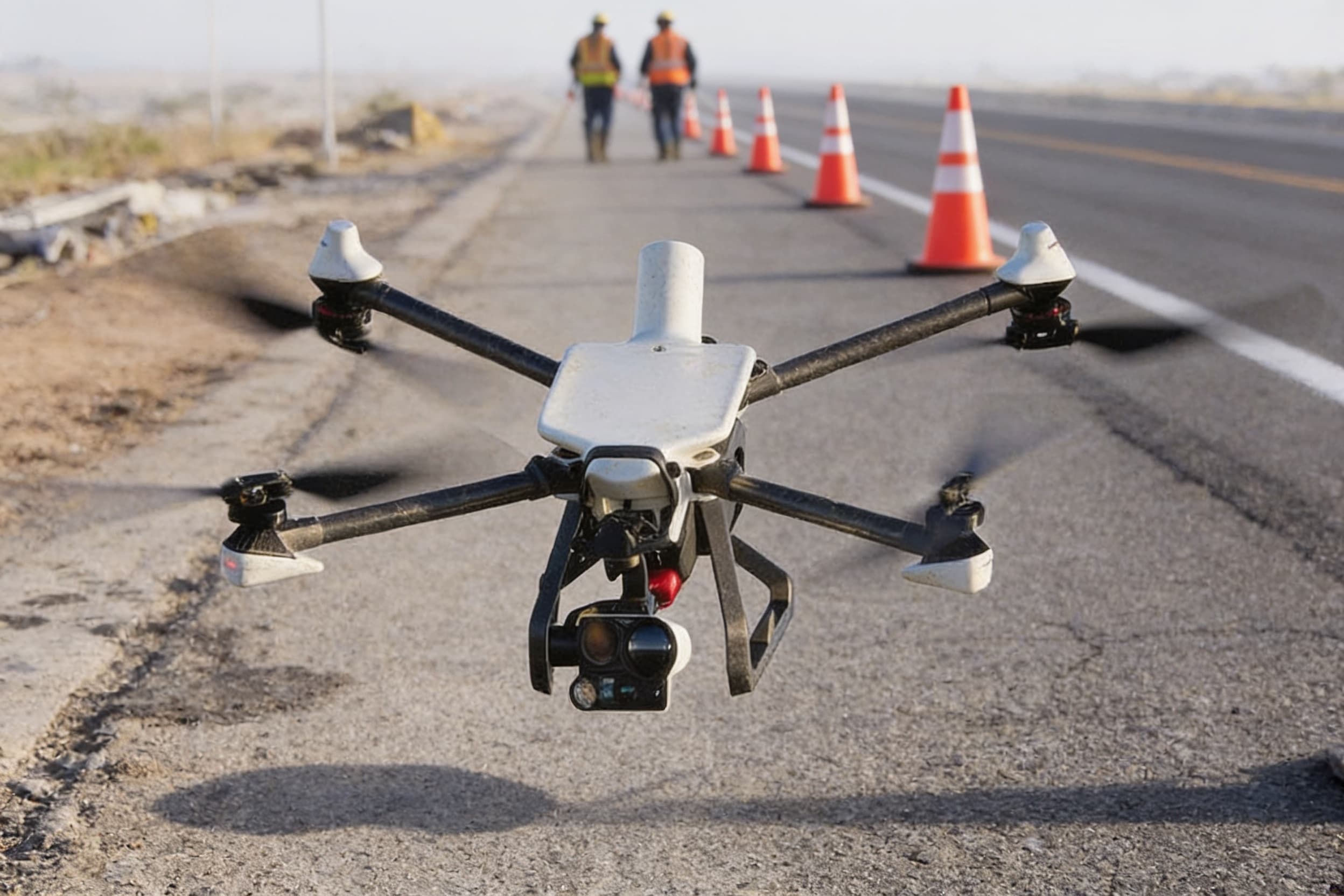 A response drone holding above a coned roadwork zone
