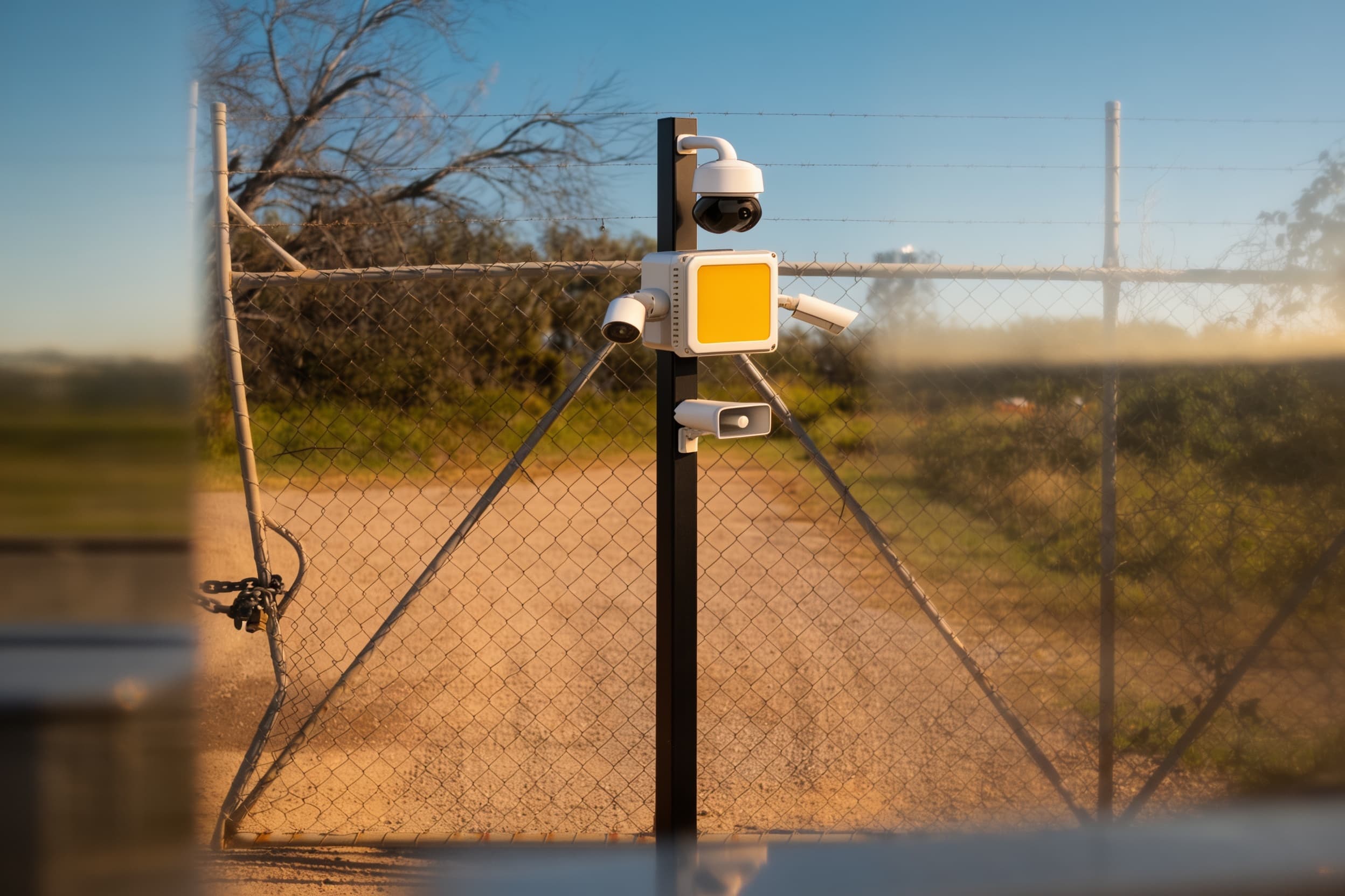 A mobile surveillance trailer standing at the gate on packed dirt