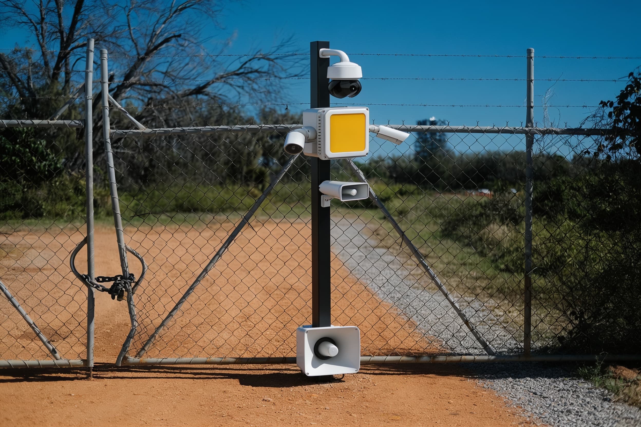 A mobile surveillance trailer standing at the gate on packed dirt