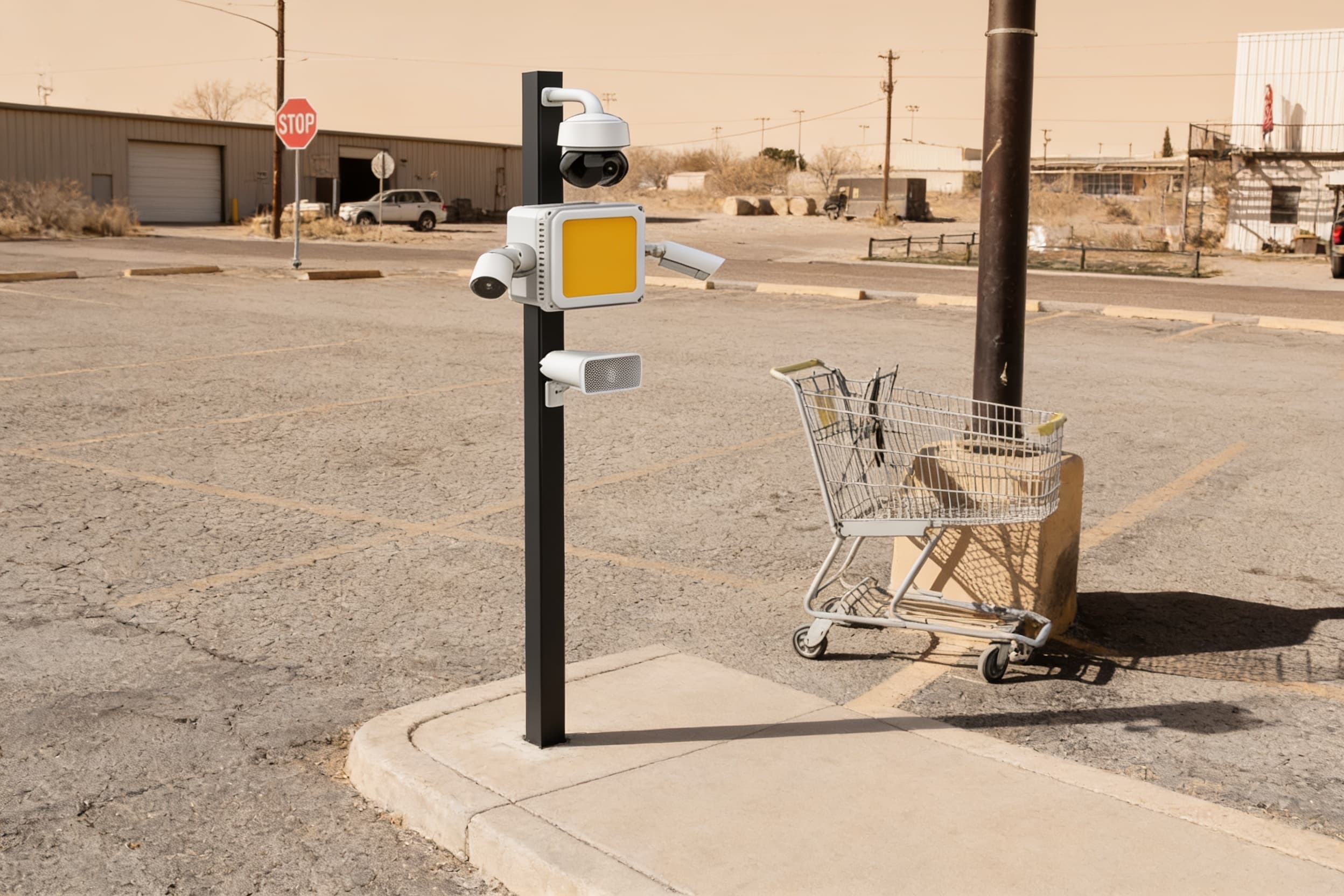 Pole surveillance unit at a store lot corner