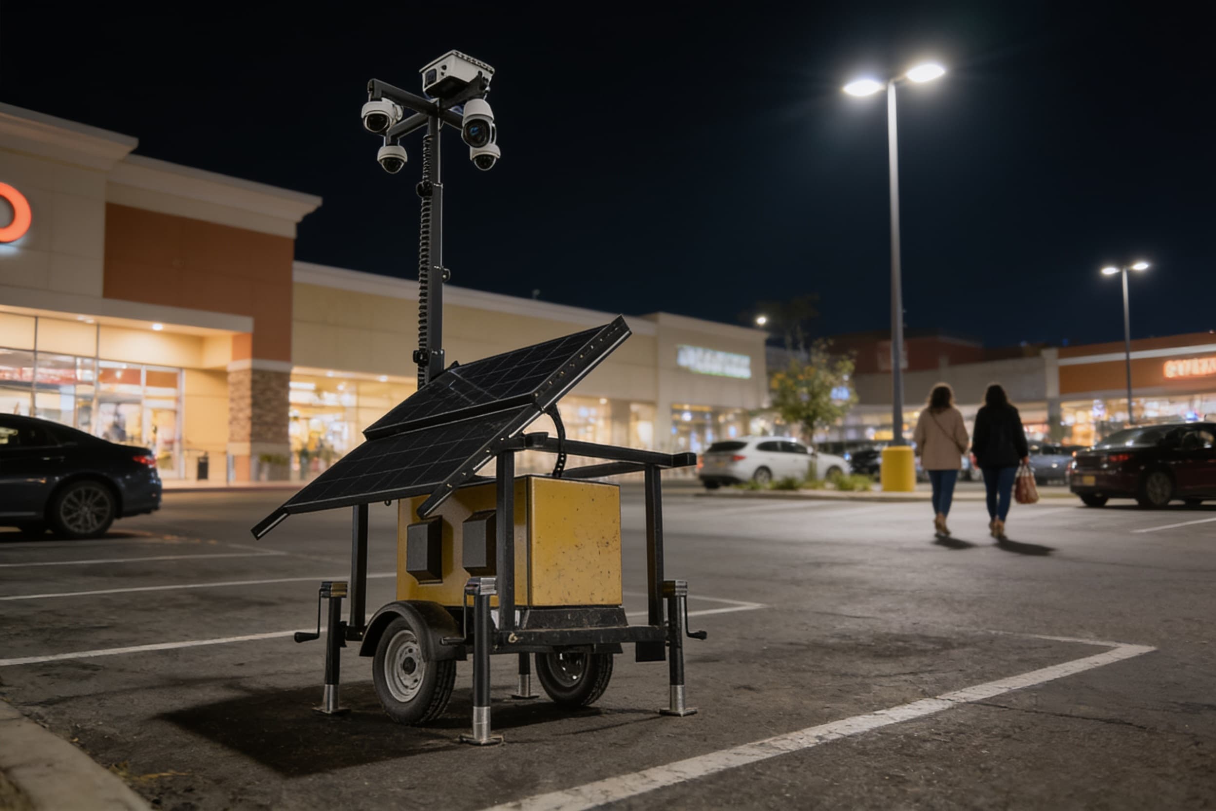 Solar surveillance unit in a mall lot at night