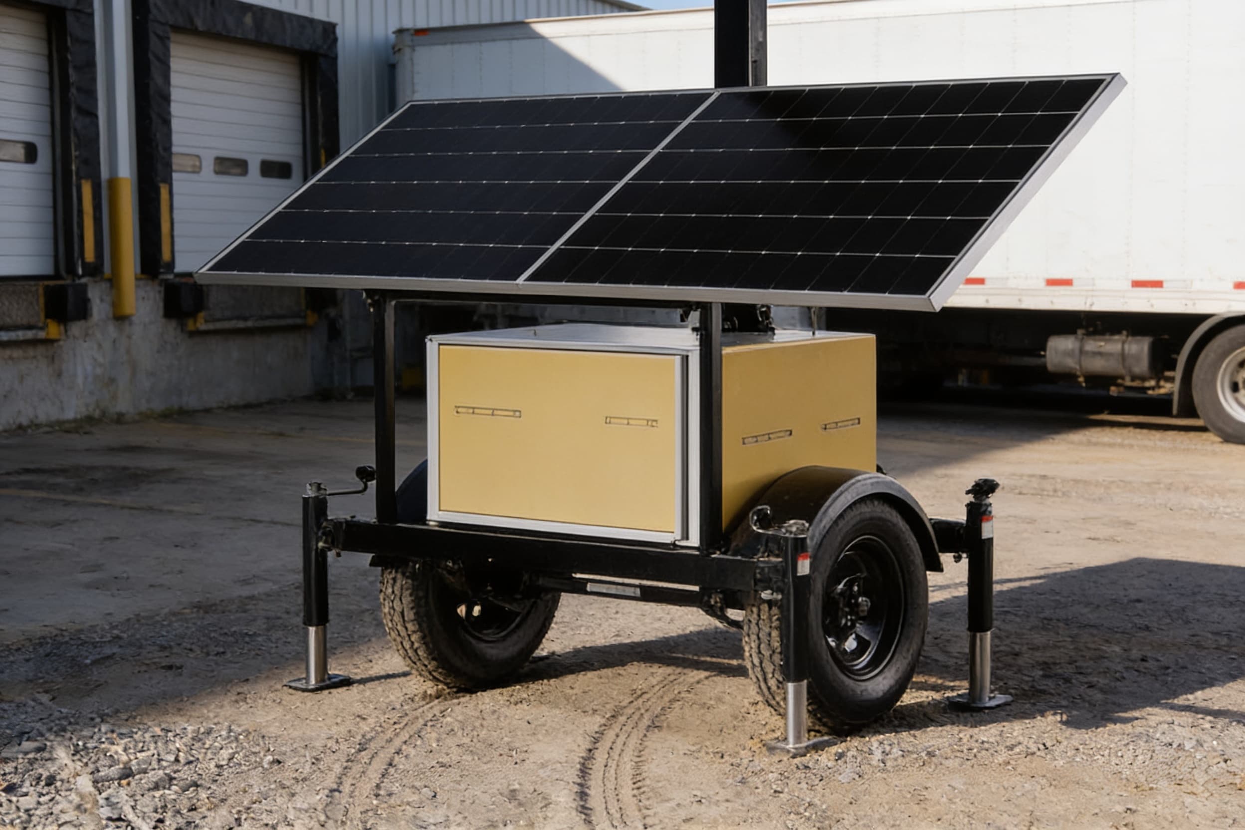 A solar-powered camera unit on gravel in a yard corner, trailers behind