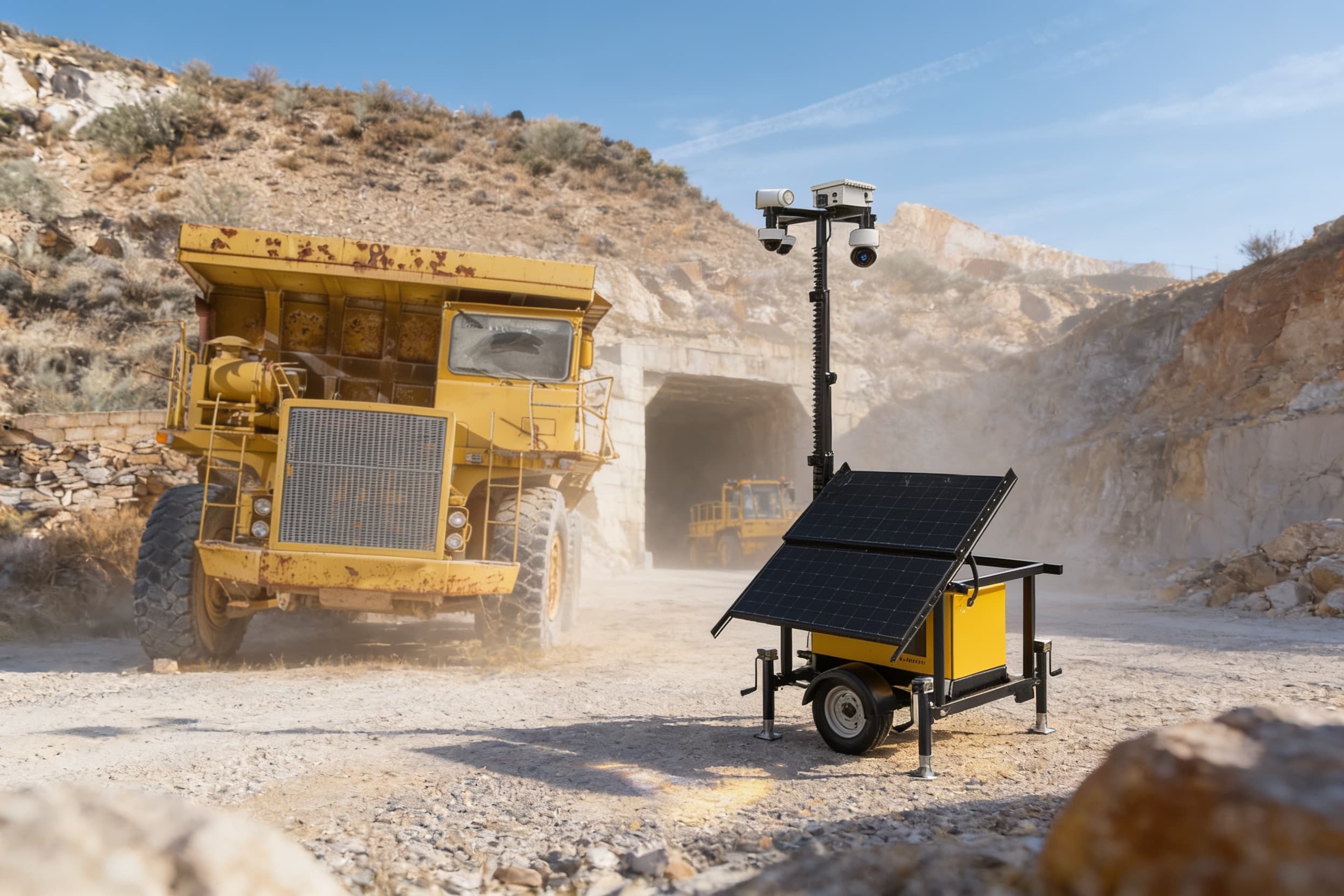 A solar-powered camera trailer at a gravel haul-road entrance